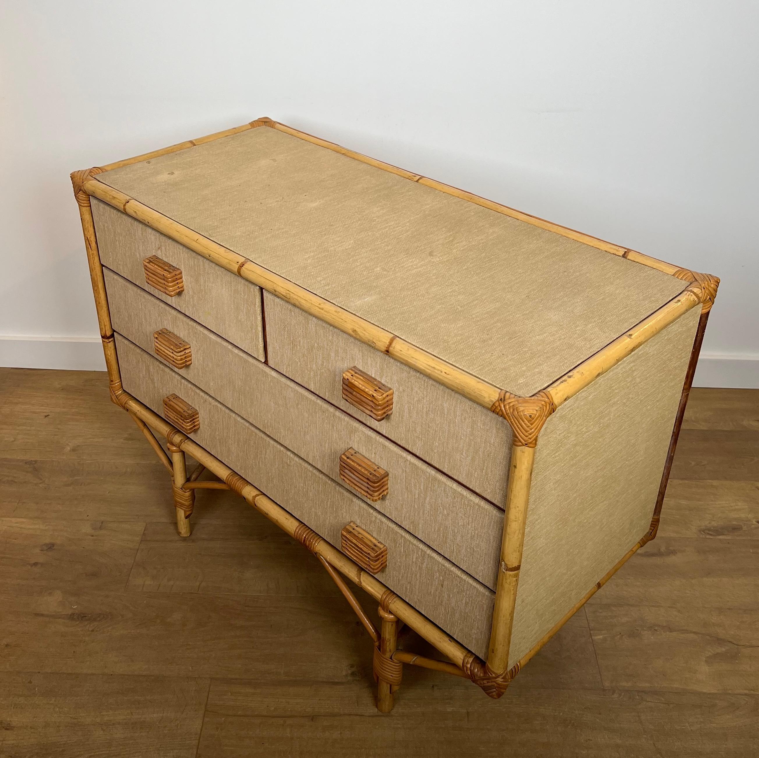 Cassettiera in bambù, rattan, legno e rafia di Audoux Minet in vendita 6