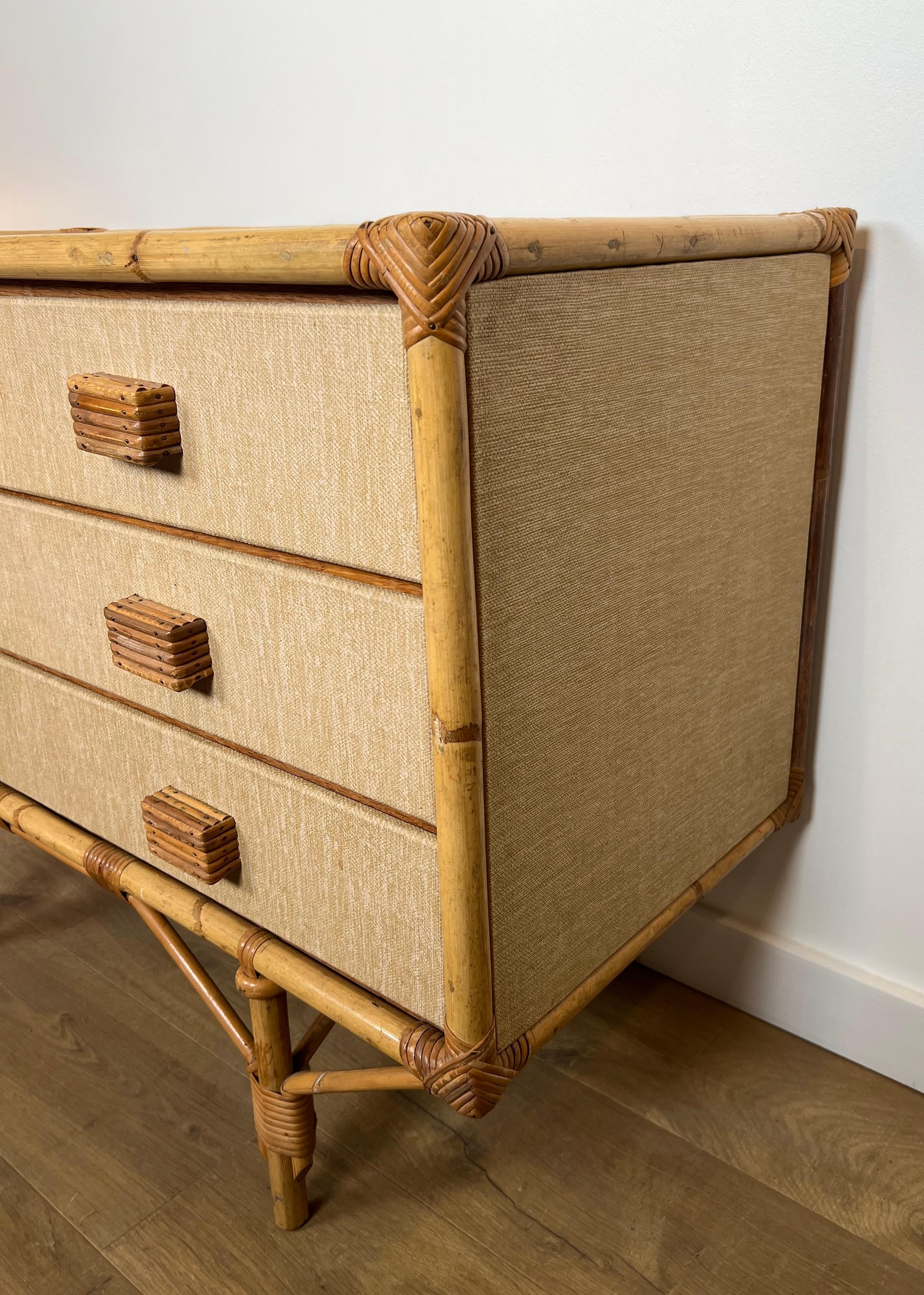 Cassettiera in bambù, rattan, legno e rafia di Audoux Minet in vendita 8