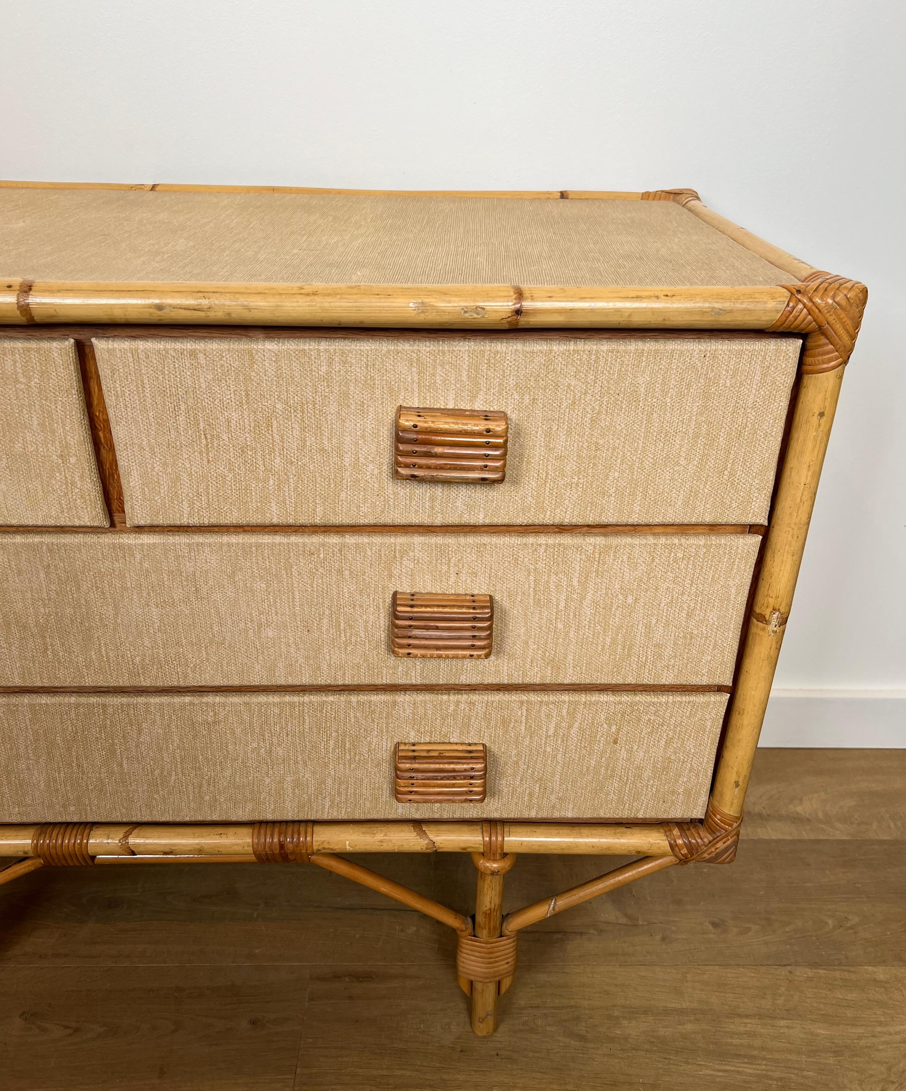 Cassettiera in bambù, rattan, legno e rafia di Audoux Minet in vendita 9