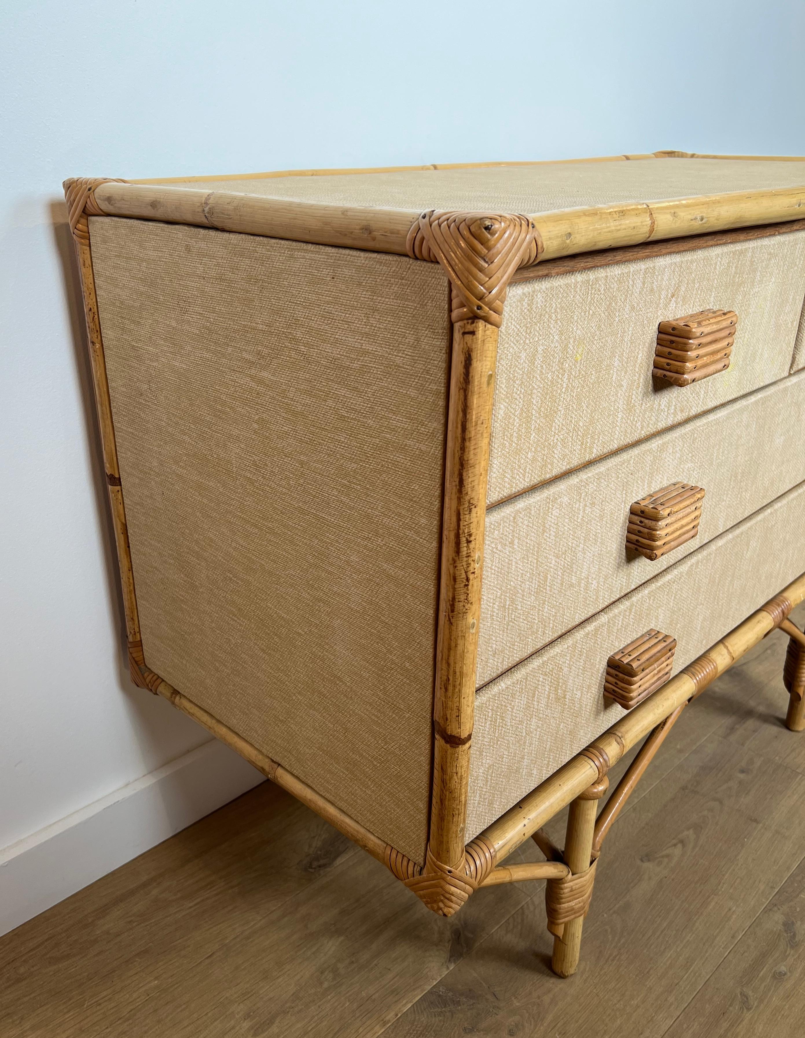 Cassettiera in bambù, rattan, legno e rafia di Audoux Minet In condizioni buone in vendita a Marcq-en-Barœul, Hauts-de-France