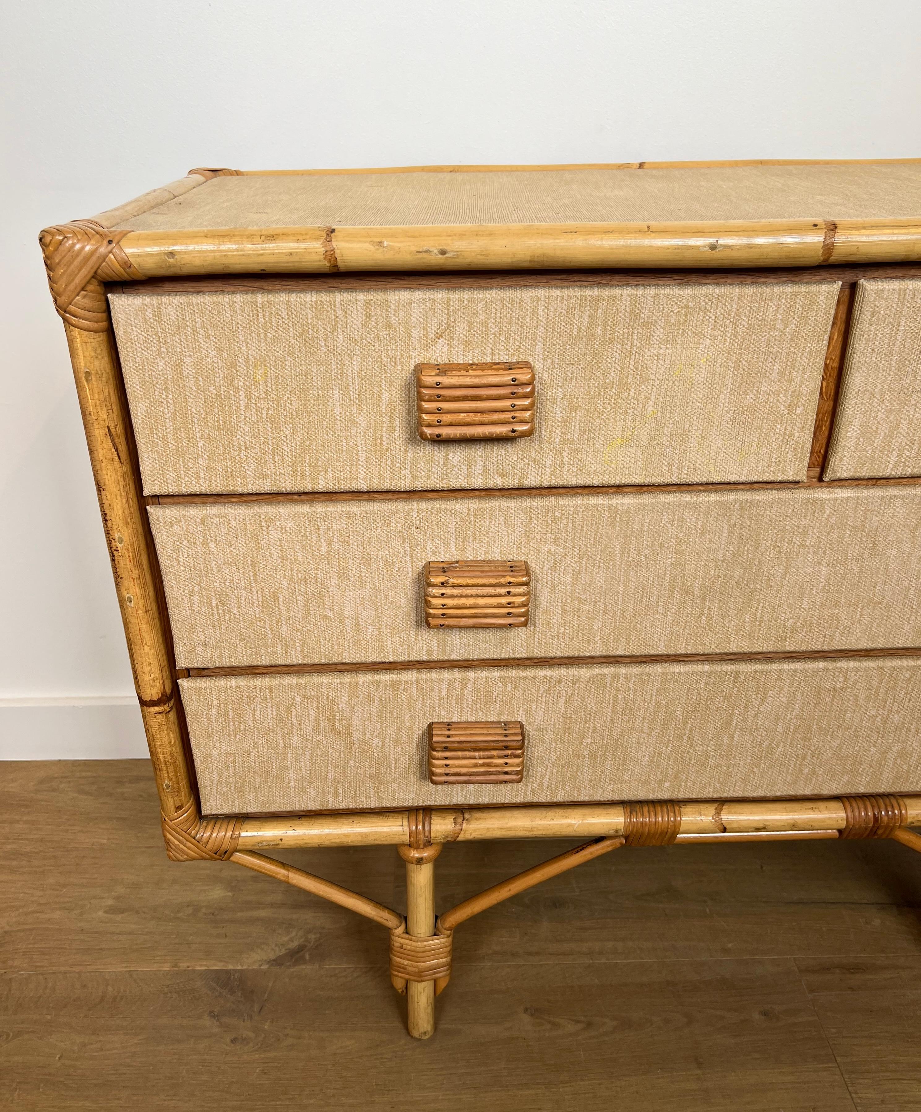Cassettiera in bambù, rattan, legno e rafia di Audoux Minet in vendita 1