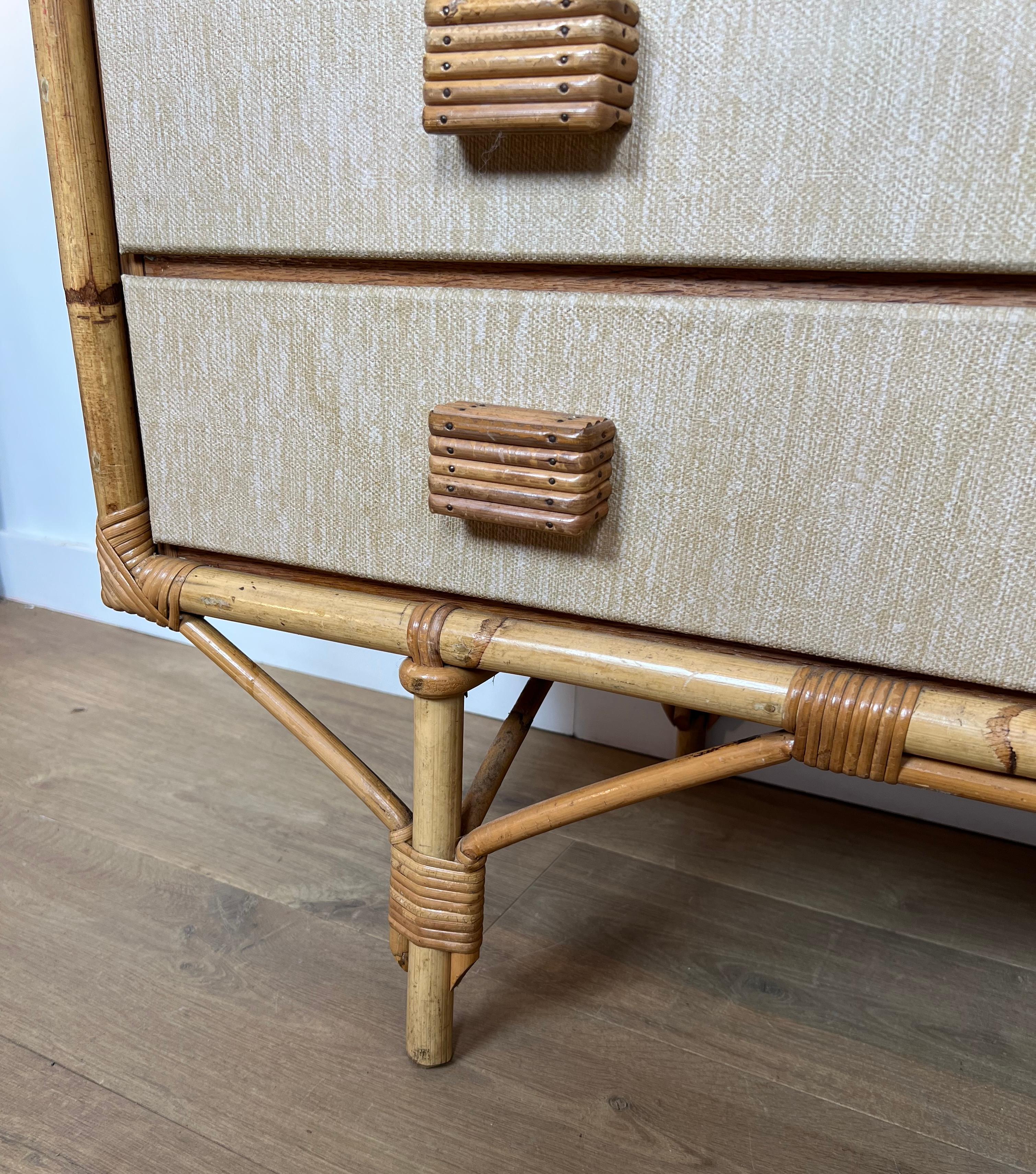 Cassettiera in bambù, rattan, legno e rafia di Audoux Minet in vendita 2