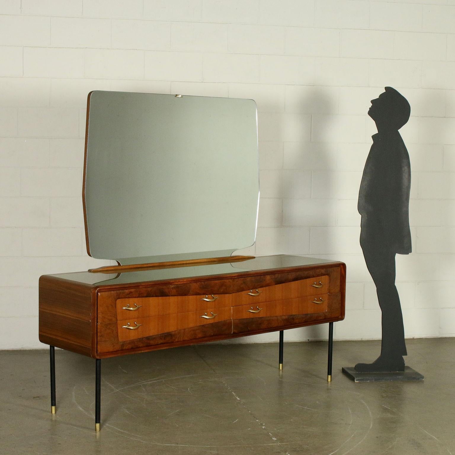 Chest of drawers with mirror, mahogany and burr veneer, back-treated glass, metal and brass legs.