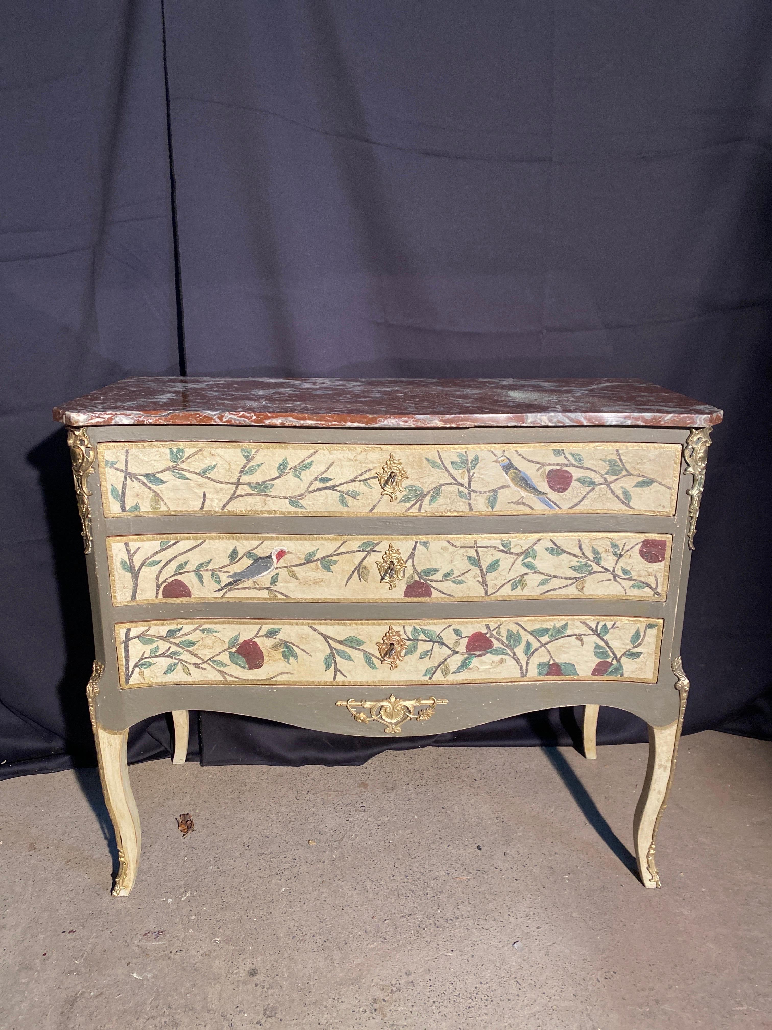 magnificent chest of drawers late 19th liuis xv nicely painted with foliage and birds opening with 3 drawers with bronze wall light red marble in perfect condition