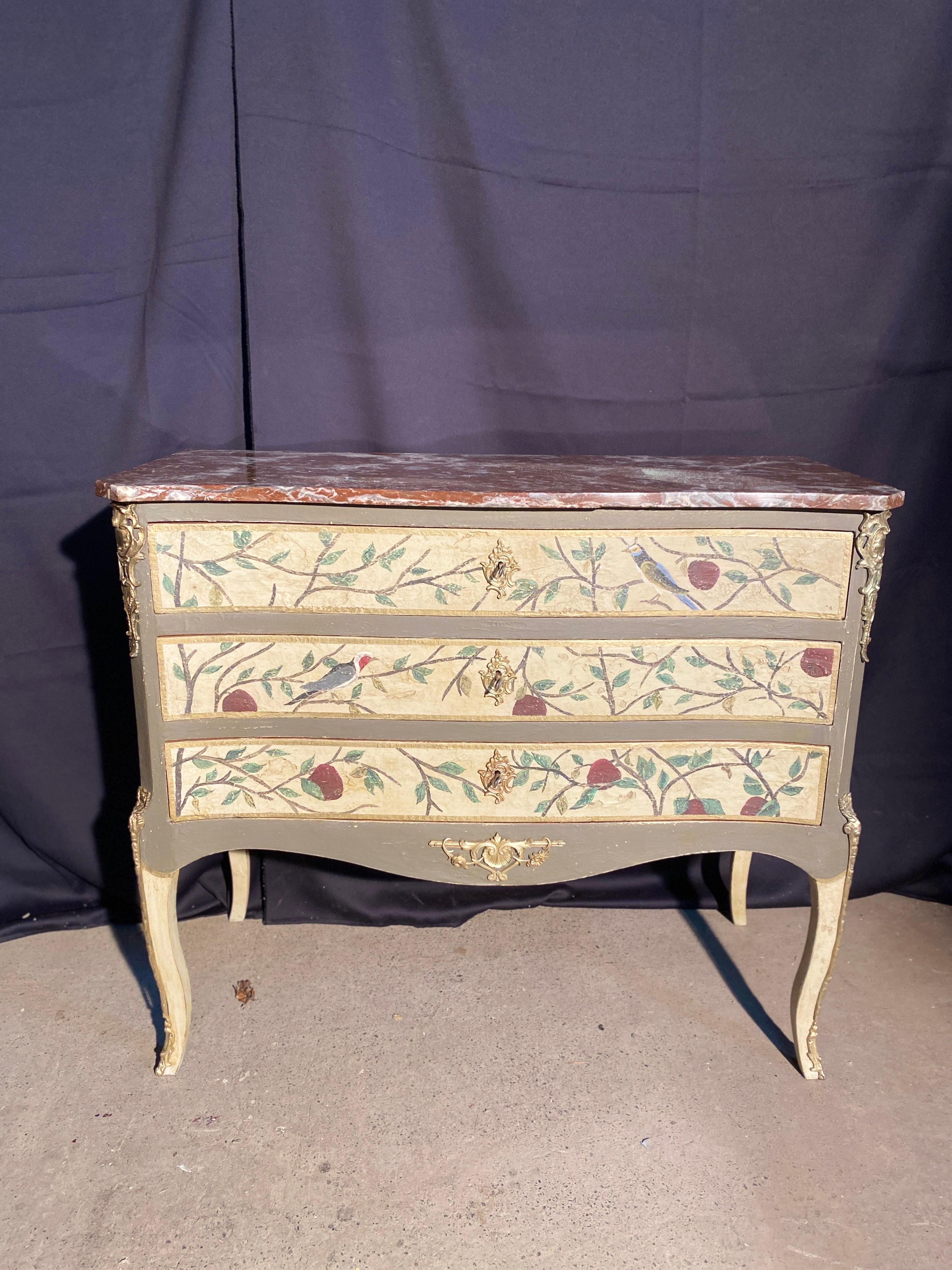 French Chest of drawers nicely decorated with foliage and Louis XV birds late 19th For Sale
