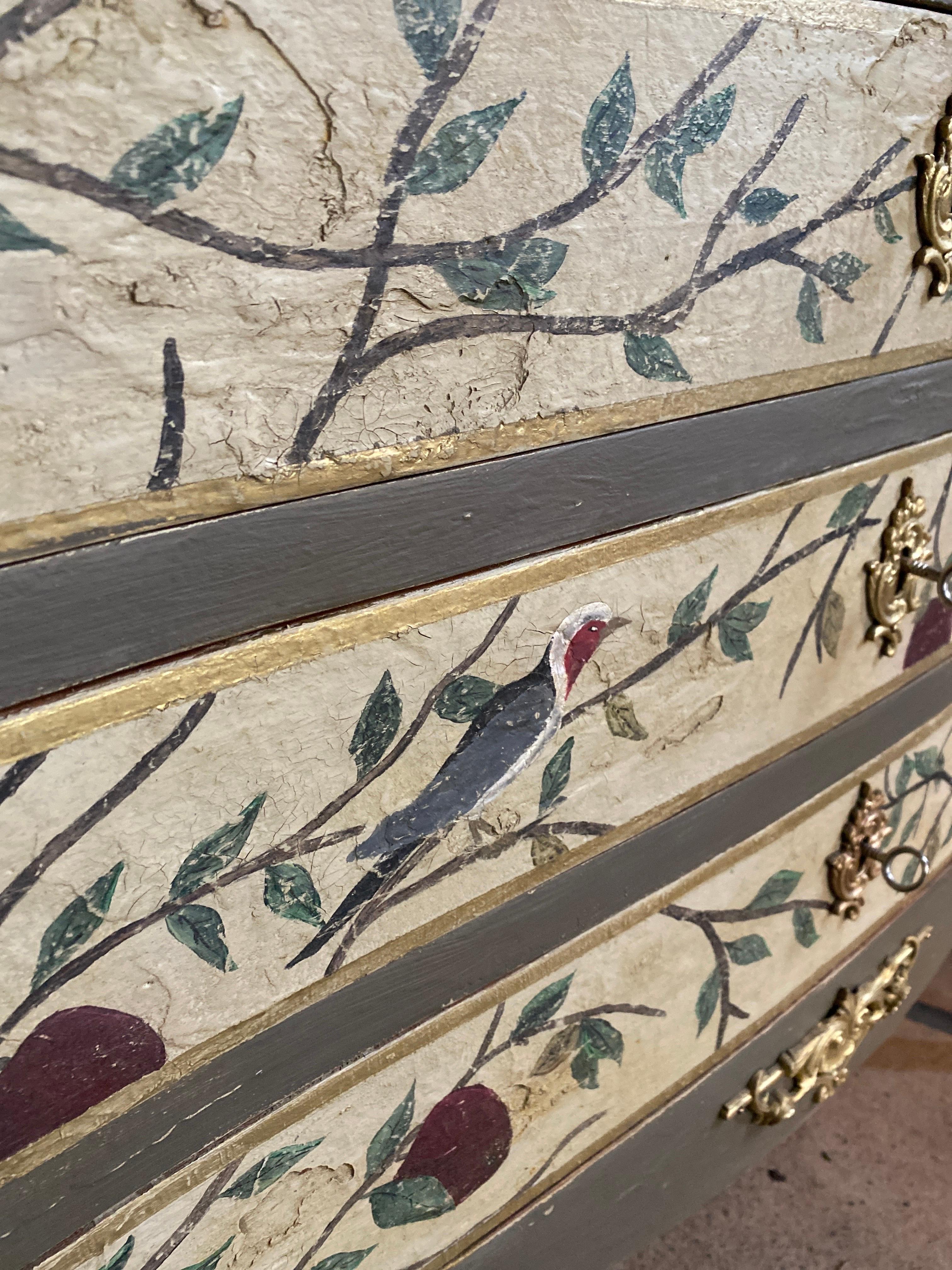 Hand-Painted Chest of drawers nicely decorated with foliage and Louis XV birds late 19th For Sale