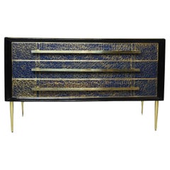 Chest of drawers, sapphire blue antique murano glass, gold leaf, brass, availabl