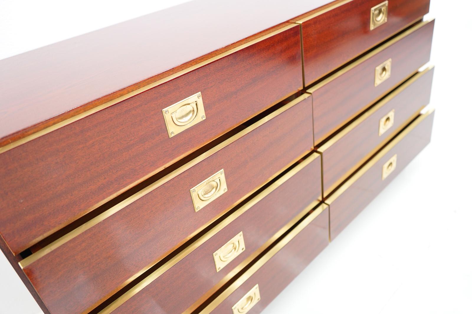 French Chest of Drawers, Sideboard in Mahogany and Brass, 1970s For Sale