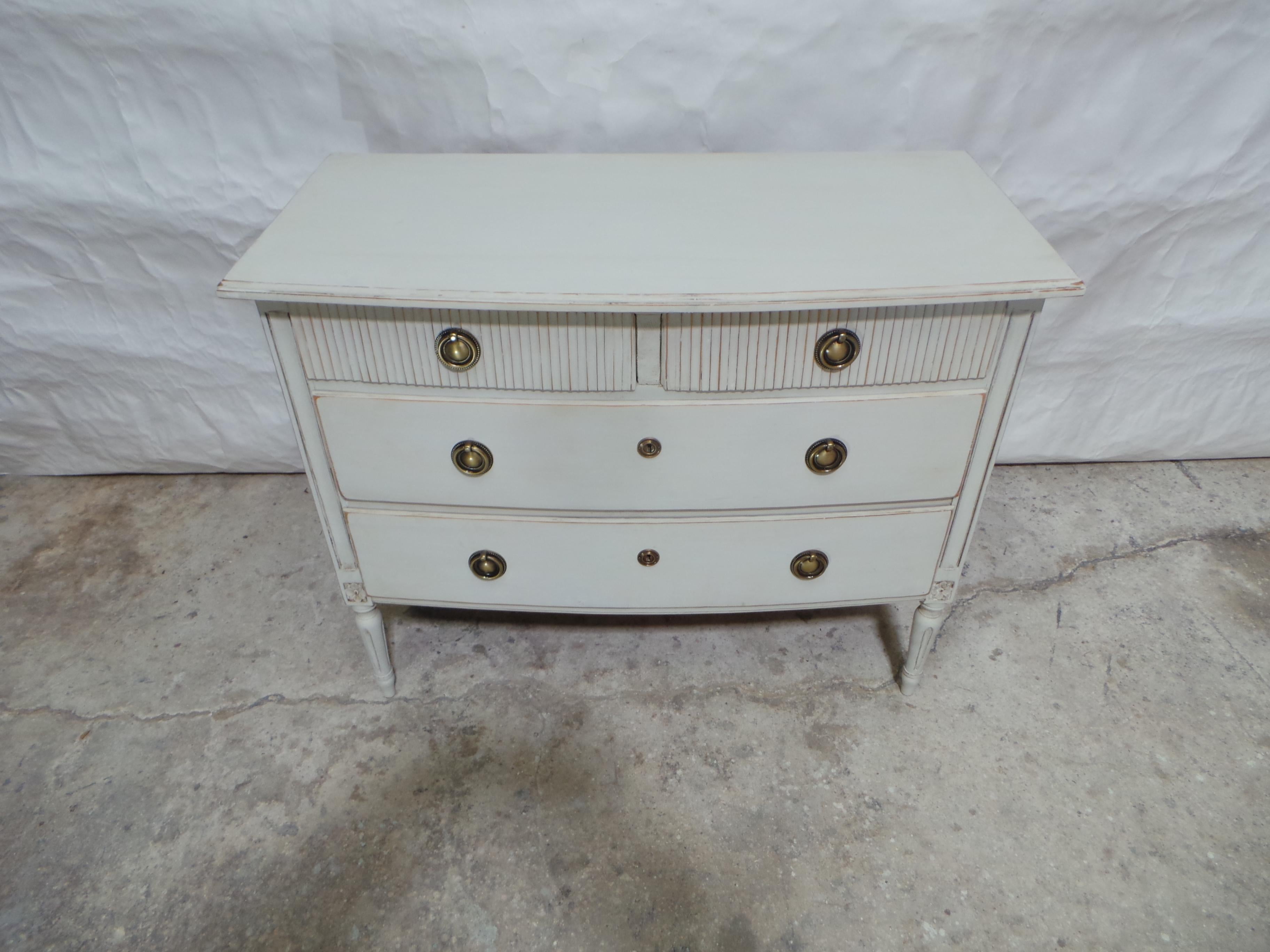This is a unique Swedish Gustavian Style 4 drawer Chest of Drawers.
It has just been restored and repainted with Milk Paints 
