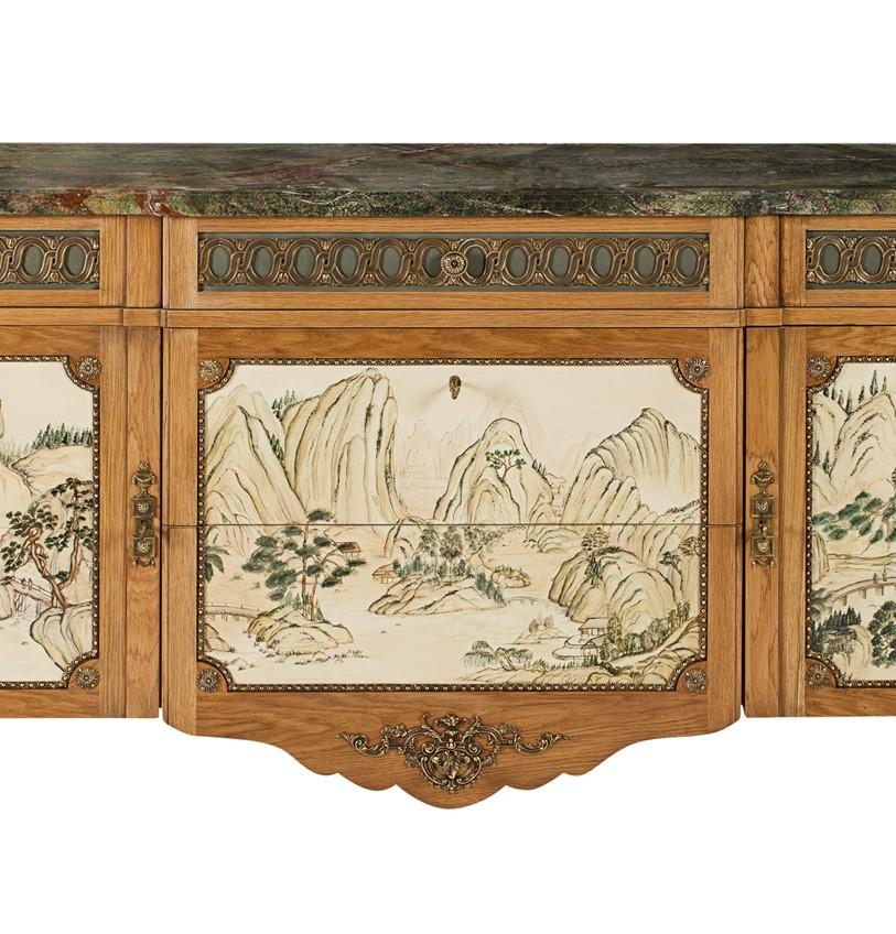 Chest of drawers Transition, five drawers, two doors and marble top. Brass details. Doors and drawers are decorated with chinoiserie motifs.