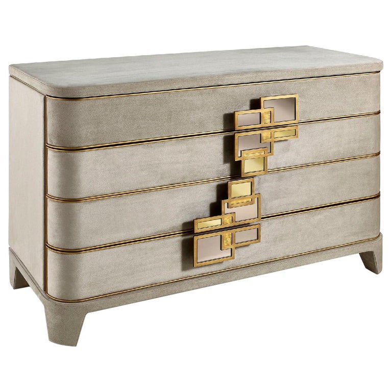 Chest of Drawers Upholstered Nabuk Pulls Paint Finish or Chrome Decorated Microm For Sale
