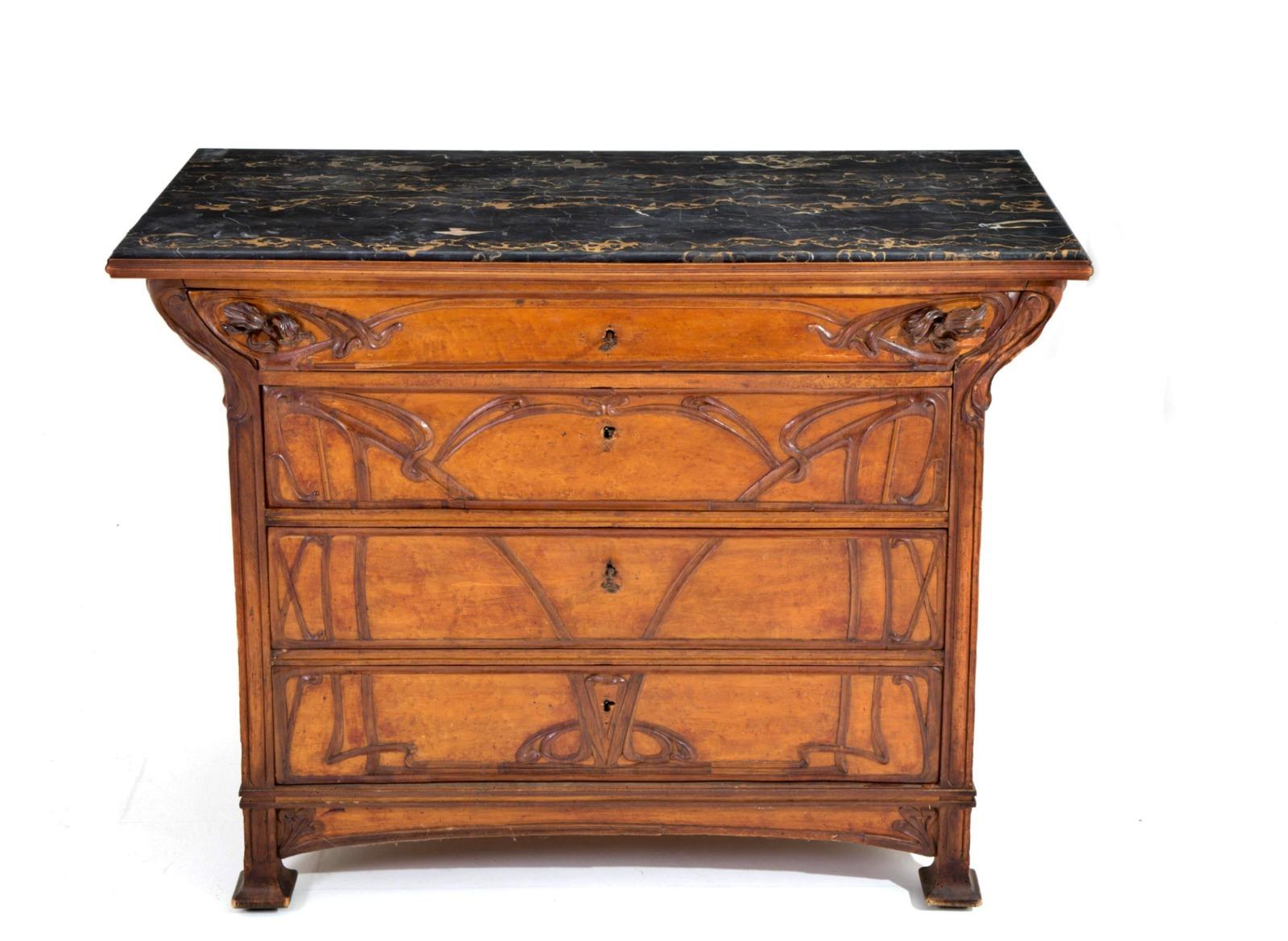 French Chest of Drawers with Black Marble Top Liberty Period Early 20th Century For Sale