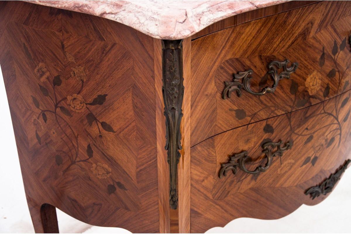 Rococo Chest of drawers with intarsia and marble top, France, circa 1880. For Sale