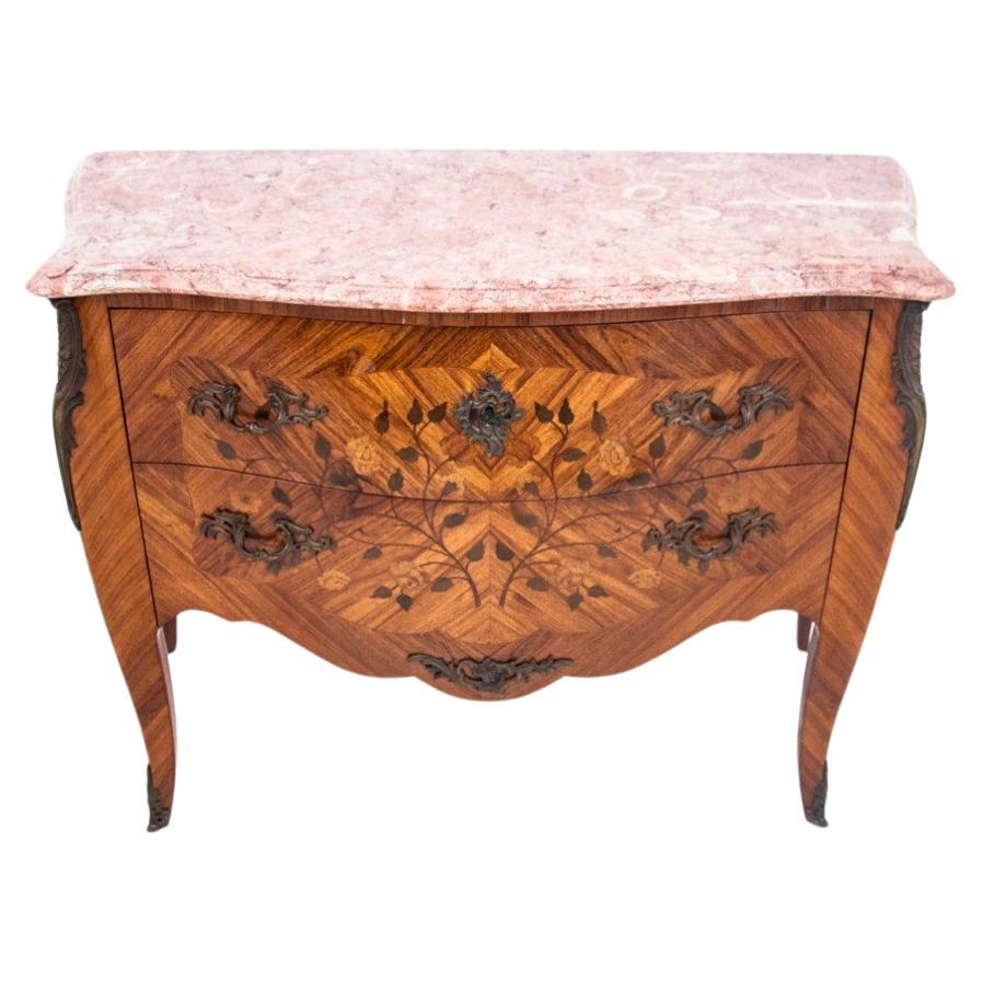 Chest of drawers with intarsia and marble top, France, circa 1880. For Sale