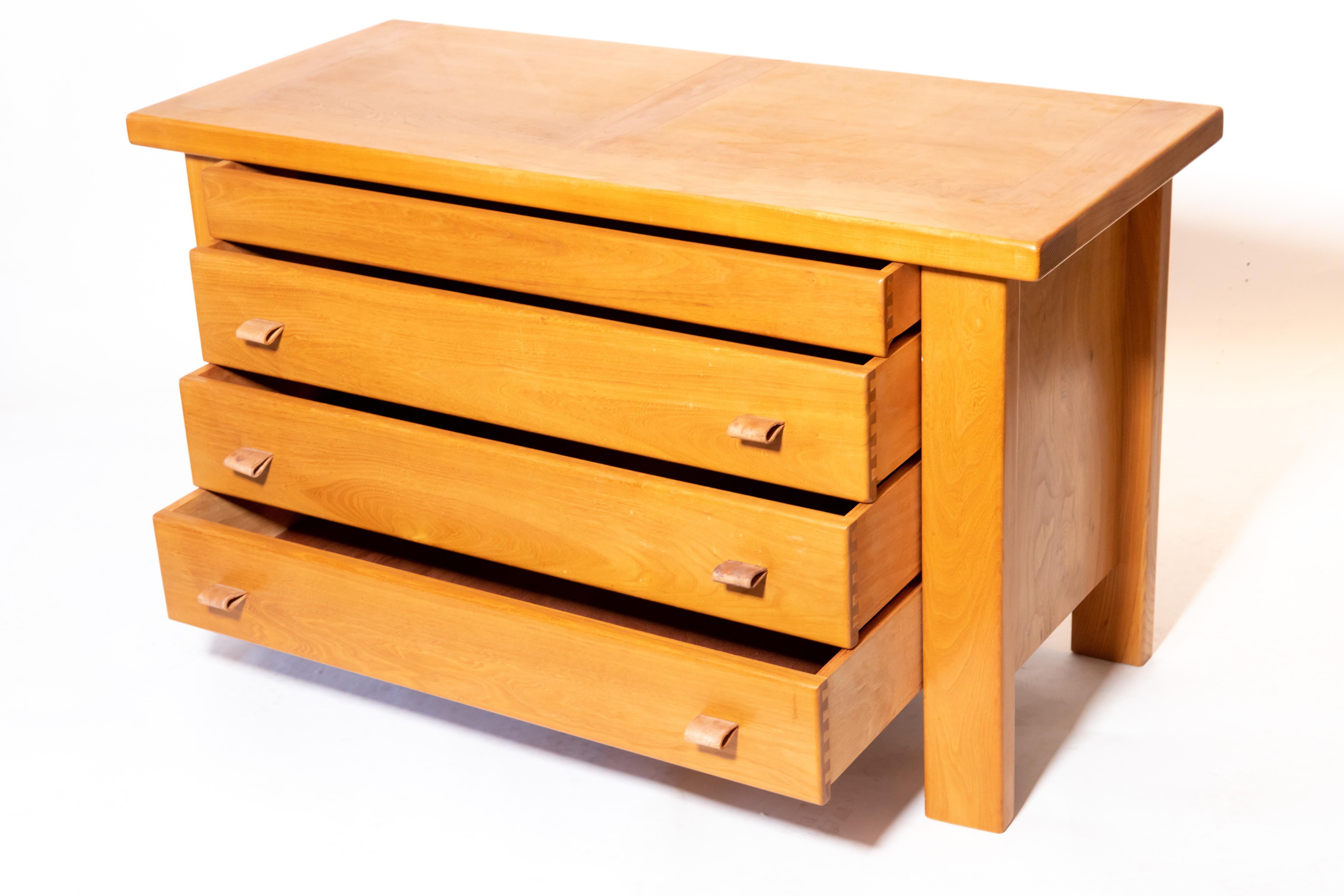 European Pierre Chapo Chest of Drawers with Leather Pulls, France, 1960s