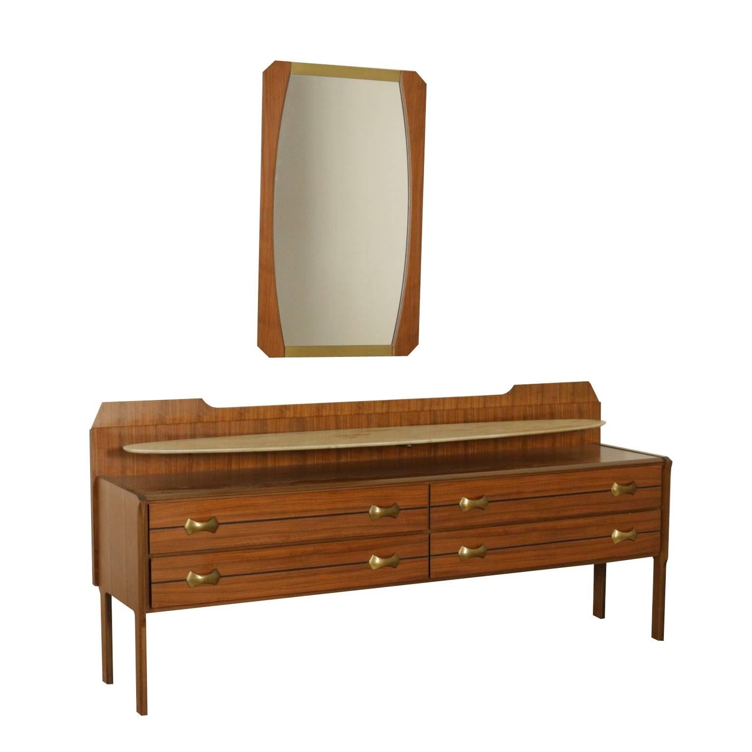Chest of Drawers with Mirror Walnut Veneer Marble Brass Vintage, Italy, 1960s