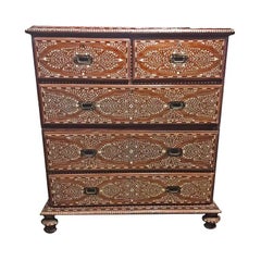 Vintage Chest of Drawers, Bone-Inlaid with Marble Top from India, 20th Century