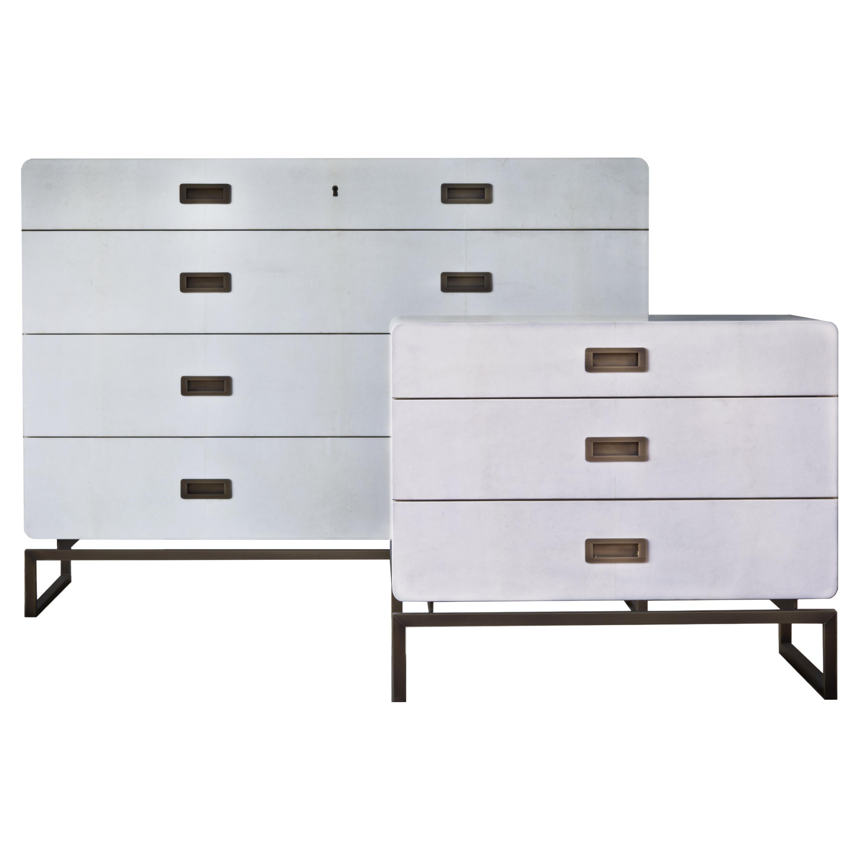 Commode Drewers en cuir parchemin blanc, finition brillante