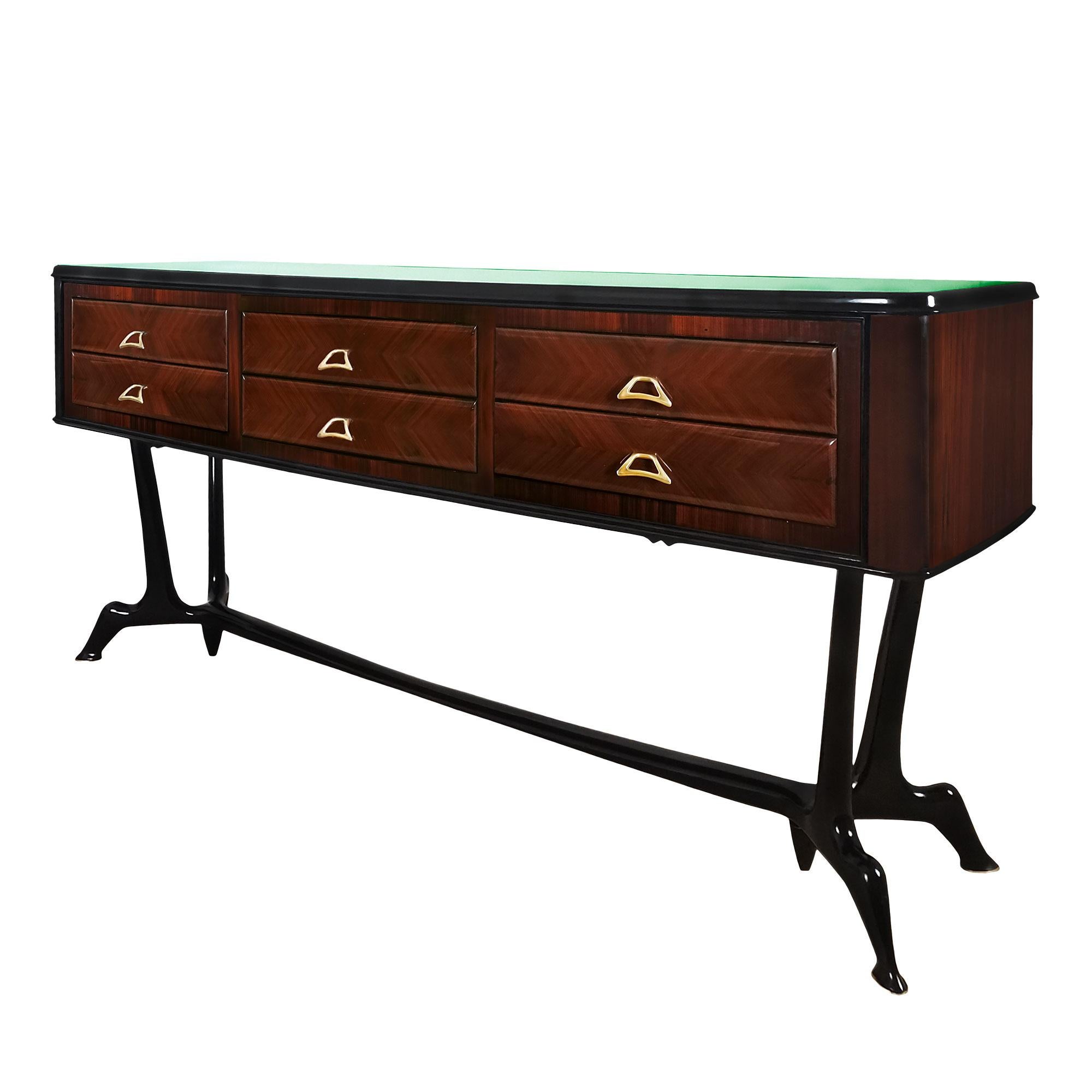 Italian Mid-Century Modern Chest of Six Drawers With Green Glass Top - Italy, 1950 For Sale