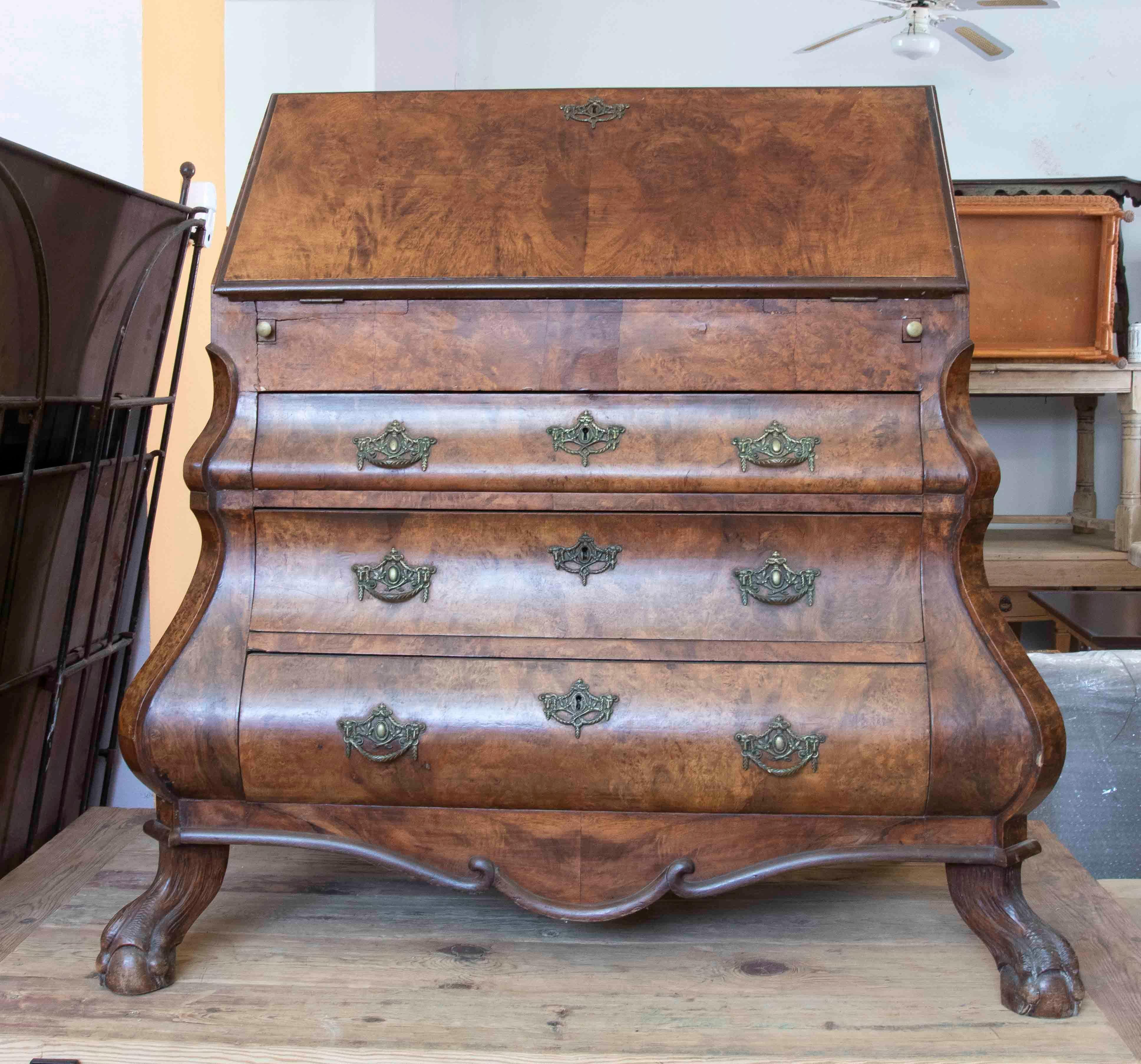 English Chest of Three Drawers with Desk, Claw Feet and Bronze Handles For Sale