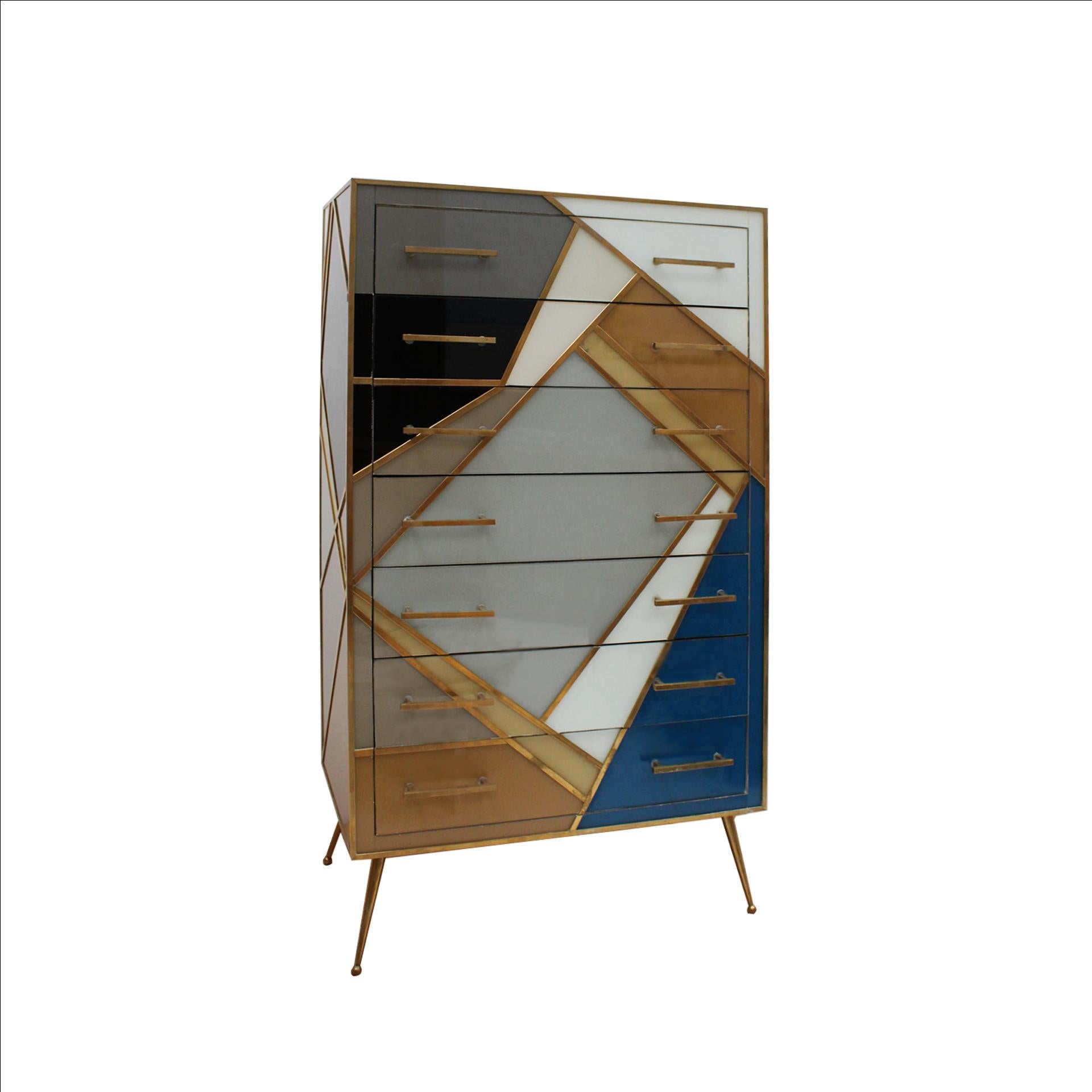 Chest of seven drawers made by hand with an original solid wood structure from the 50s. Covered in colored glass and profiles, handles and feet in brass. Italy 1950s.

Dimentions: W 79.5 x D 45 x H 137 cm

Every item LA Studio offers is checked by
