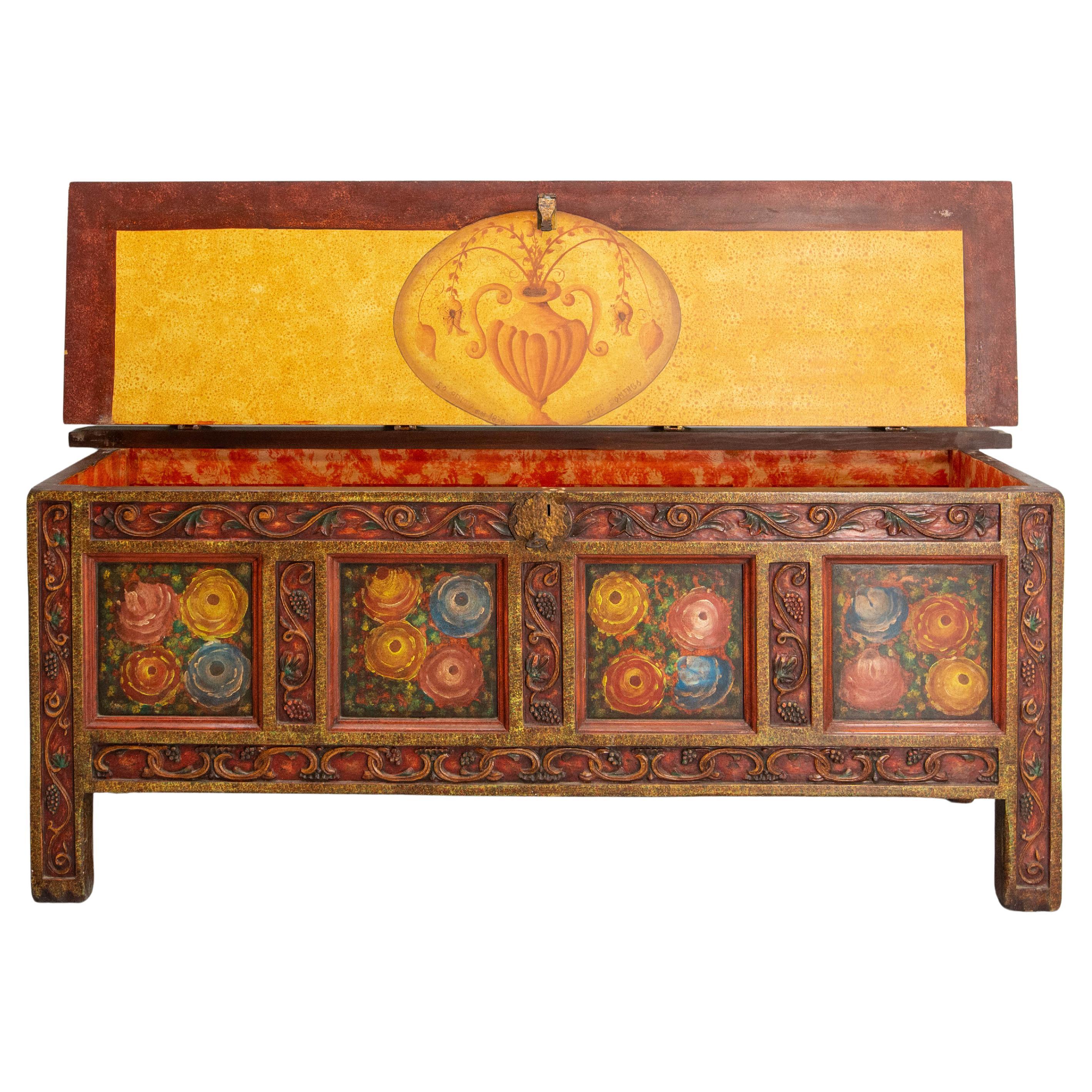 Chest or Coffer Painted & Carved Pine, End of Bed Spain circa 1960