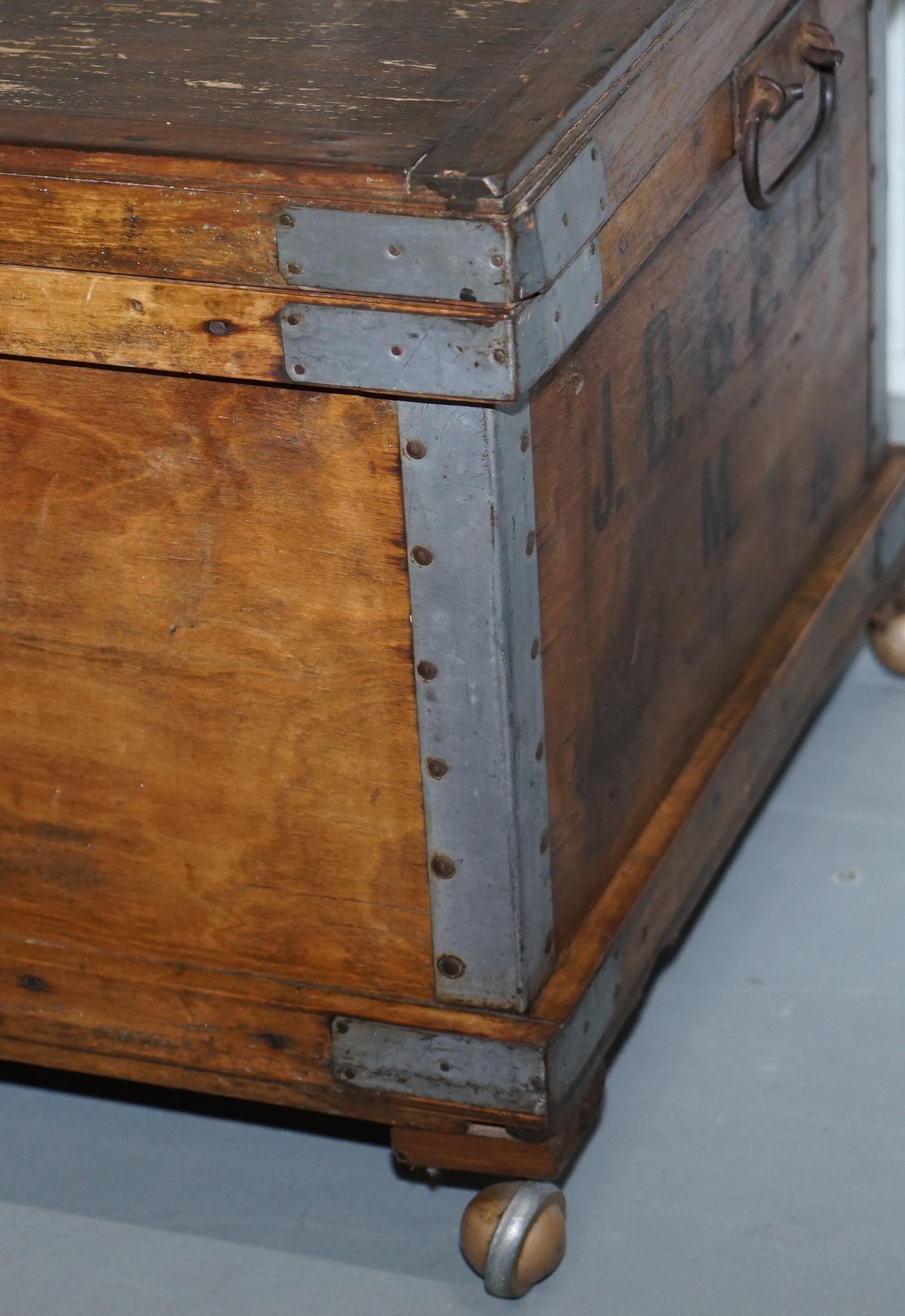 British Chest Trunk Ottoman Coffee Side Table on Wheels Internal Storage Industrial