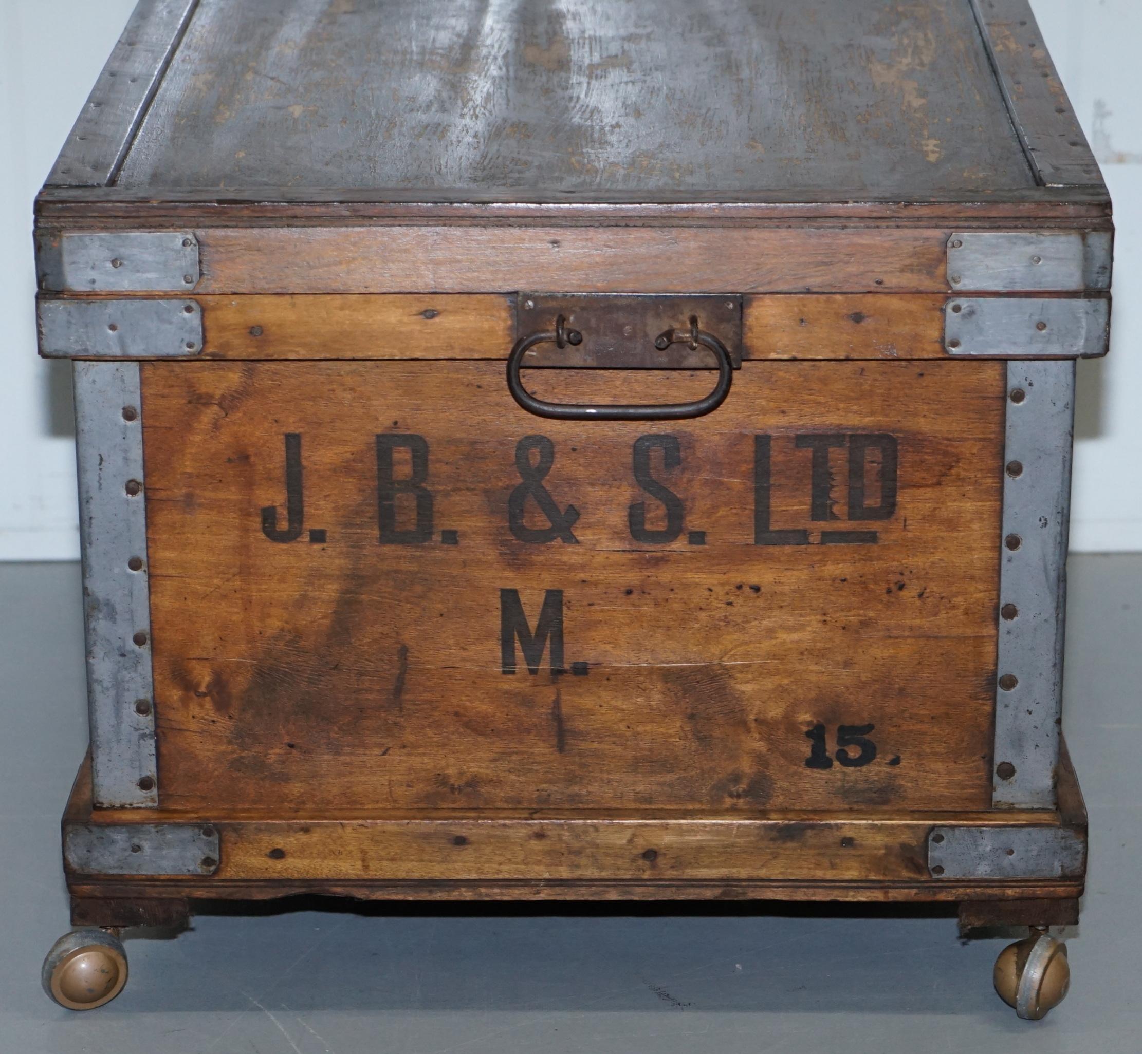 Hand-Carved Chest Trunk Ottoman Coffee Side Table on Wheels Internal Storage Industrial