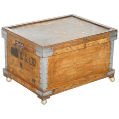 Vintage Chest Trunk Ottoman Coffee Side Table on Wheels Internal Storage Industrial