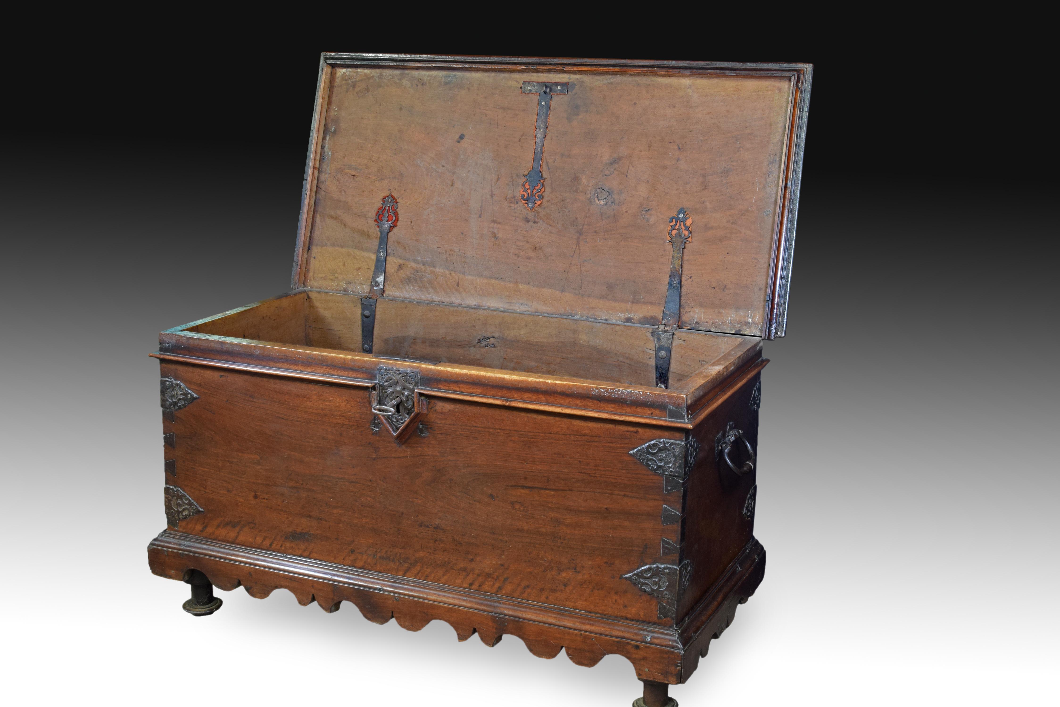 Spanish Chest, Walnut, Textile, Wrought Iron, 17th Century For Sale