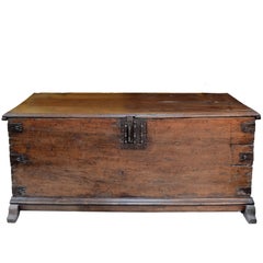 Antique Chest. Walnut Wood; Locks and Ironwork in Wrought Iron, Spain, 17th Century