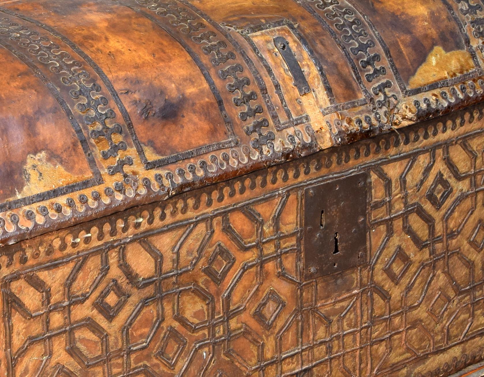 18th Century and Earlier Chest with Geometric Design, Leather, Iron, Spain, circa 1500