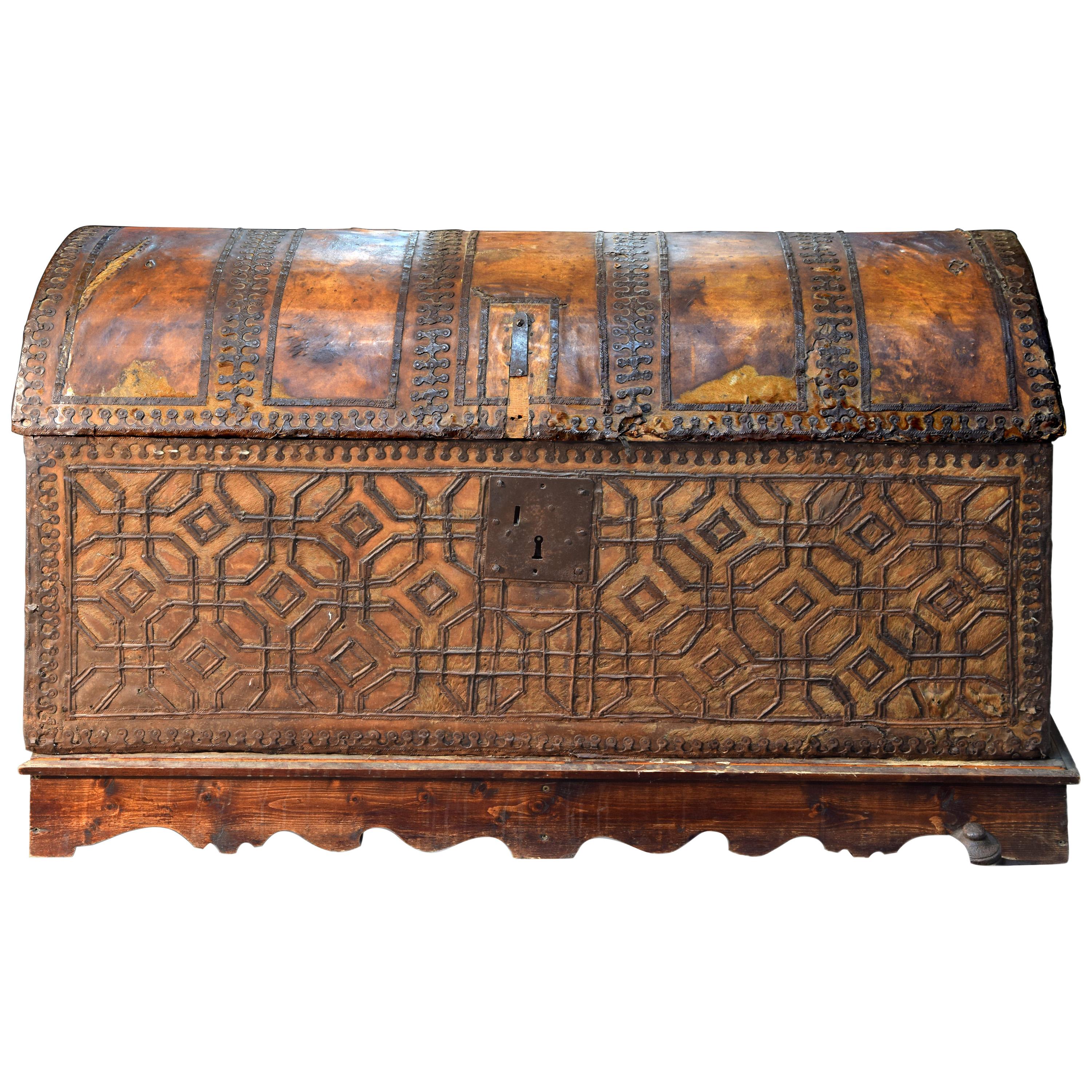 Chest with Geometric Design, Leather, Iron, Spain, circa 1500