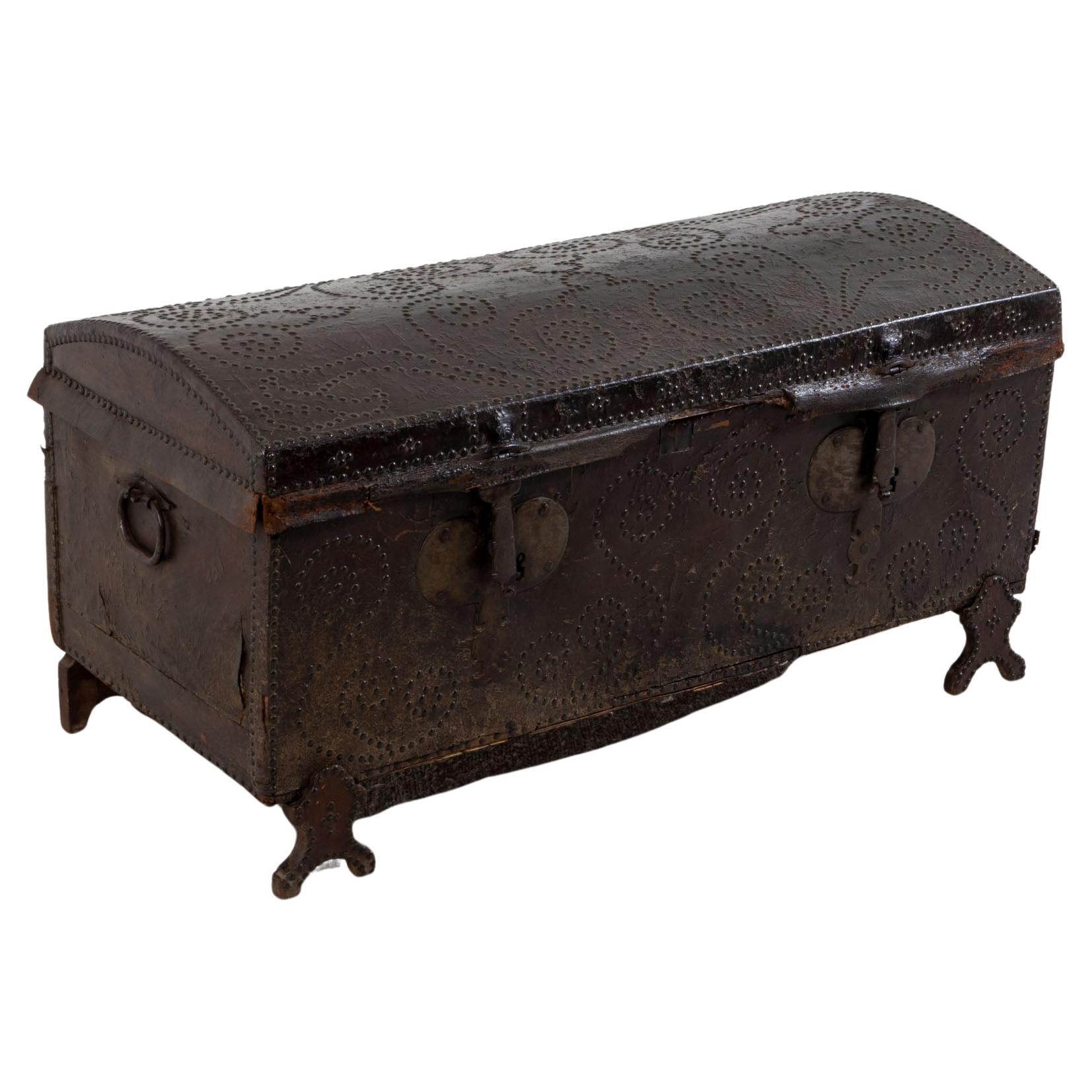 Chest with Leather Cover, Probably Italy 18th Century For Sale
