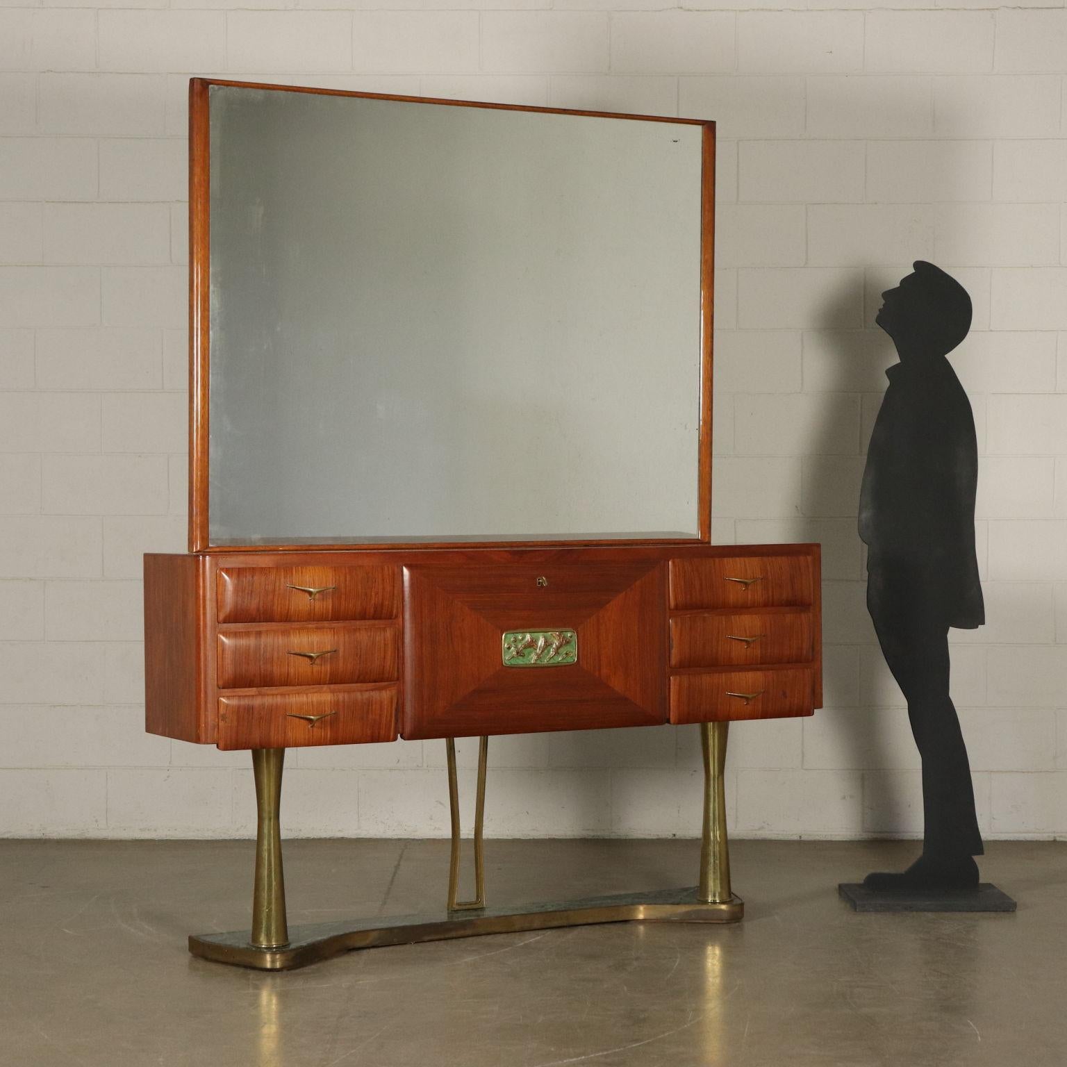 Chest with mirror, drawers and drop-leaf. Teak veneer, decorative tile, brass legs, marble base and brass outlines. Manufactured in Italy, 1950s.