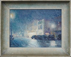 Peinture impressionniste américaine ancienne "Sub Zero Hinsdale" scène de rue à Chicago