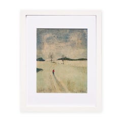 Blue Toned Impressionist Pastoral Winter Field Landscape with Skiing Figure