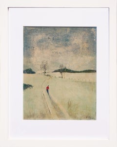 Blue Toned Impressionist Pastoral Winter Field Landscape with Skiing Figure