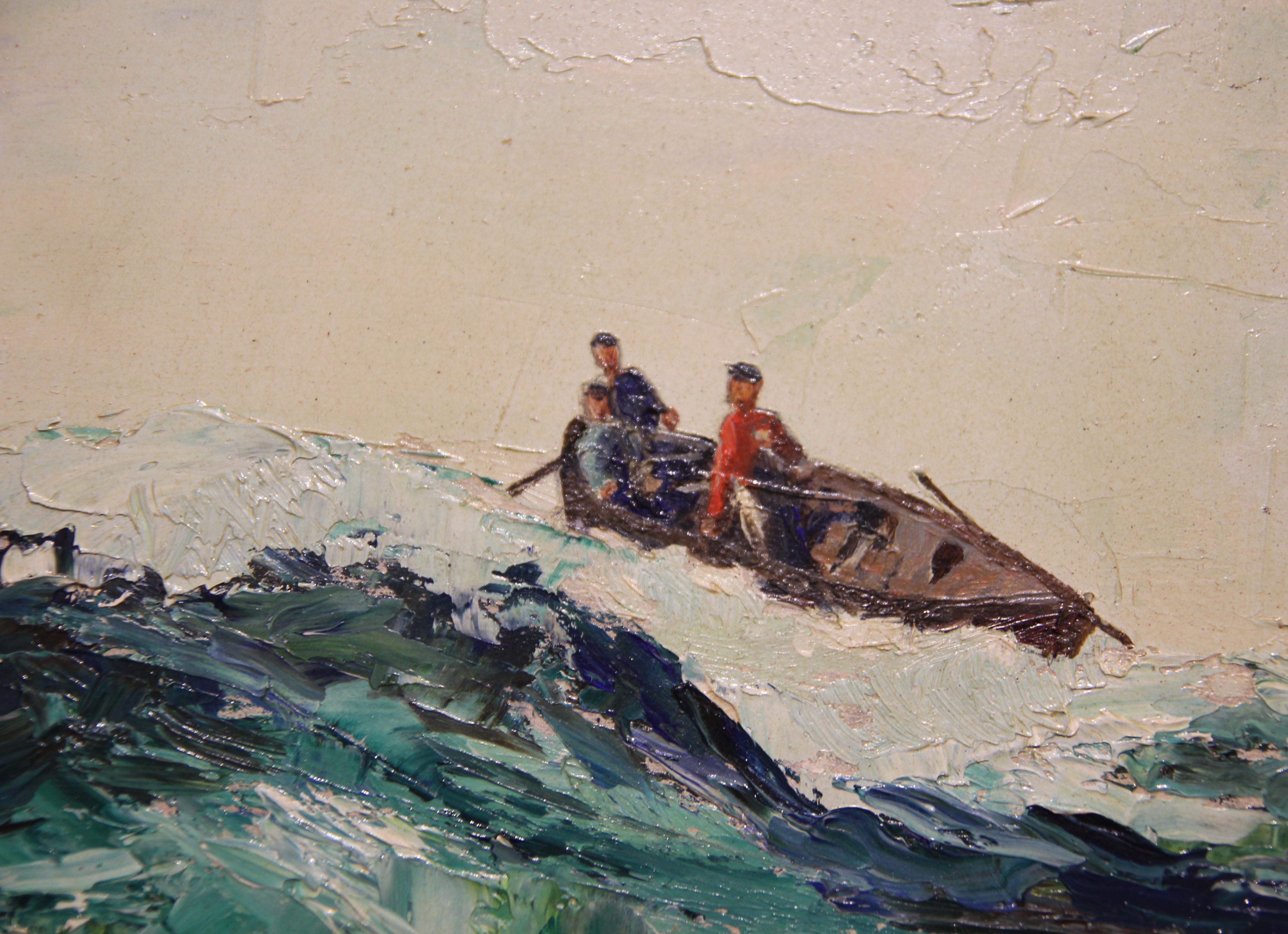 Paysage marin impressionniste aux tons bleus avec peinture de paysage de pêcheurs - Painting de Chester Dixon Snowden