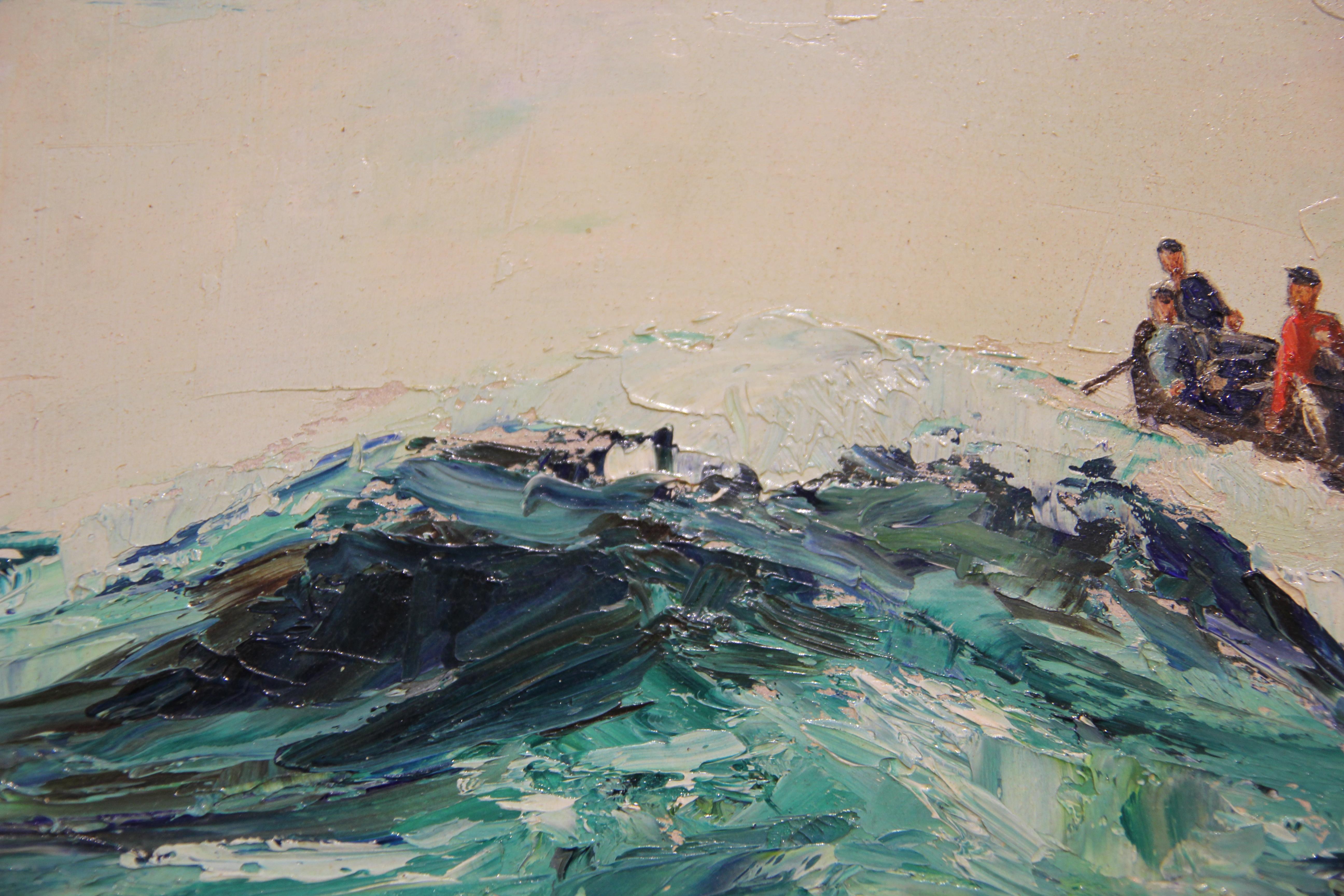 Paysage marin impressionniste aux tons bleus avec peinture de paysage de pêcheurs - Impressionnisme Painting par Chester Dixon Snowden
