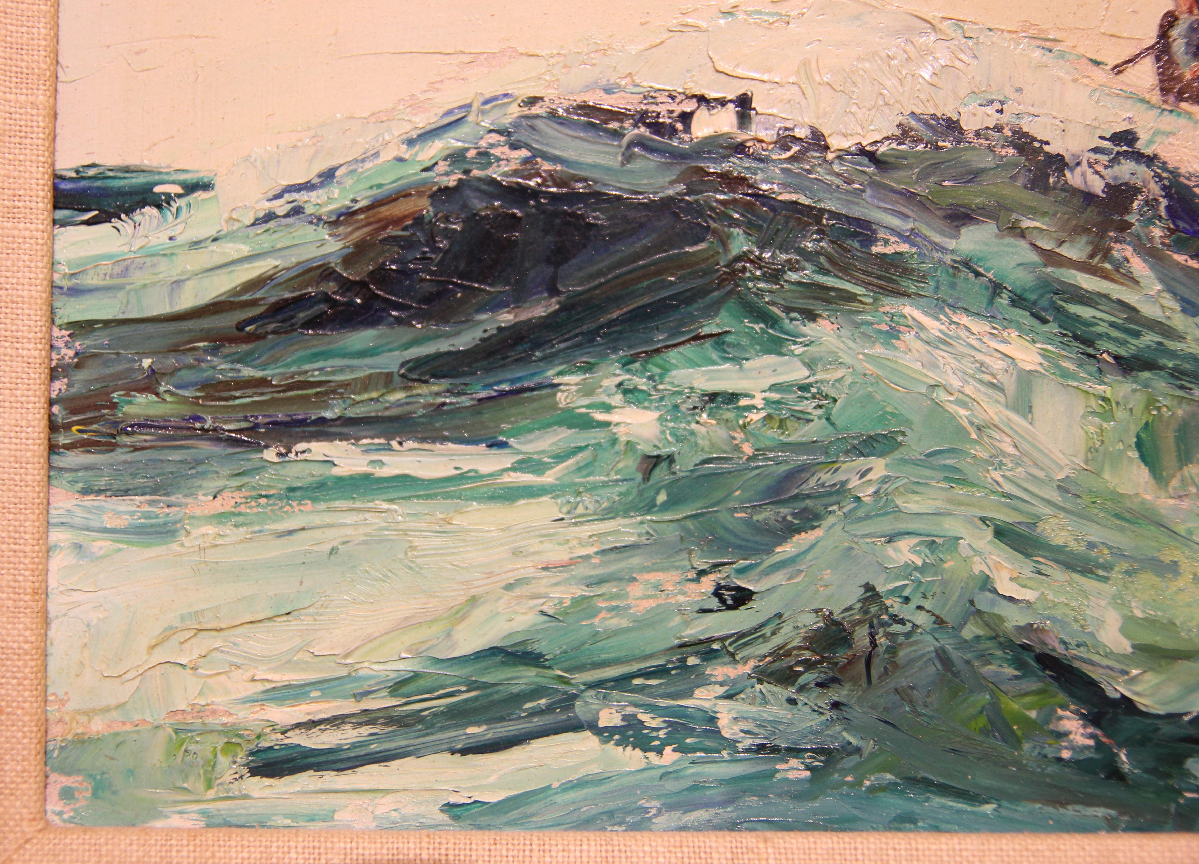 Blau getönte impressionistische Meereslandschaft mit Fischerlandschaft, Gemälde (Braun), Landscape Painting, von Chester Dixon Snowden