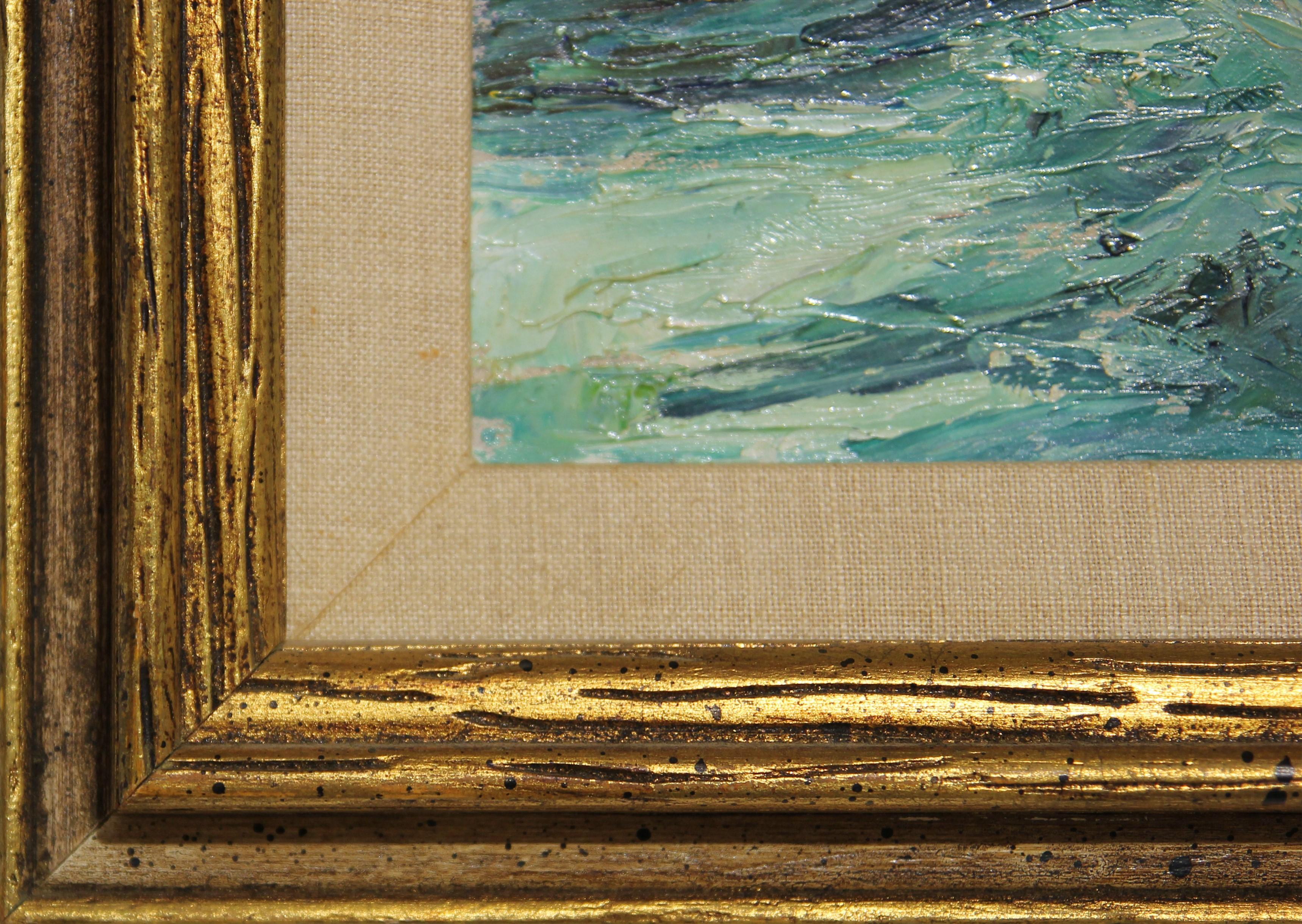 Paysage impressionniste de l'artiste et illustrateur de Houston, Texas, Charles Dixon Snowden. Paysage marin aux tons bleus représentant des vagues sombres de l'océan et trois pêcheurs sur un petit bateau en bois. Signé par l'artiste dans le coin