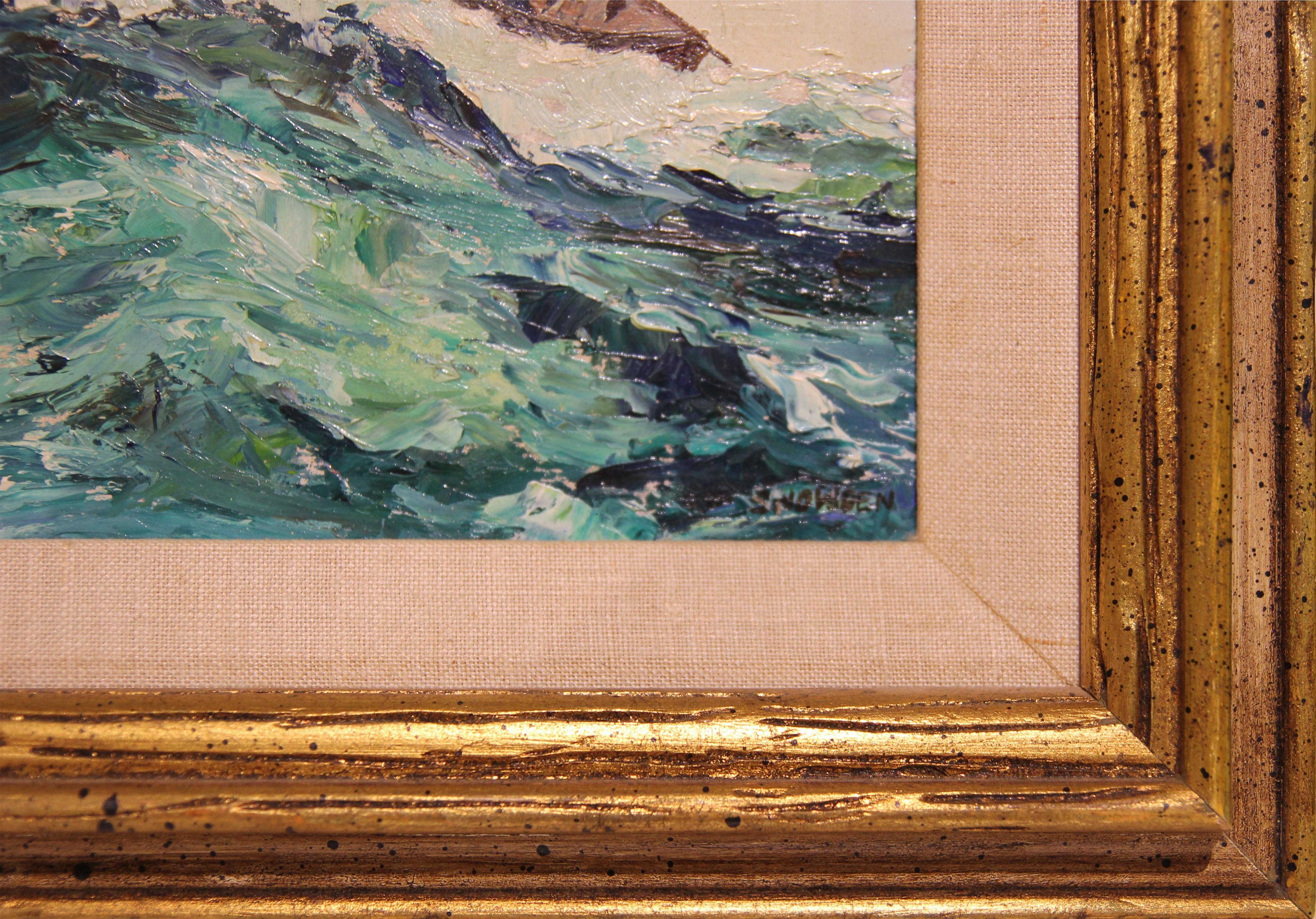 Paysage marin impressionniste aux tons bleus avec peinture de paysage de pêcheurs en vente 1