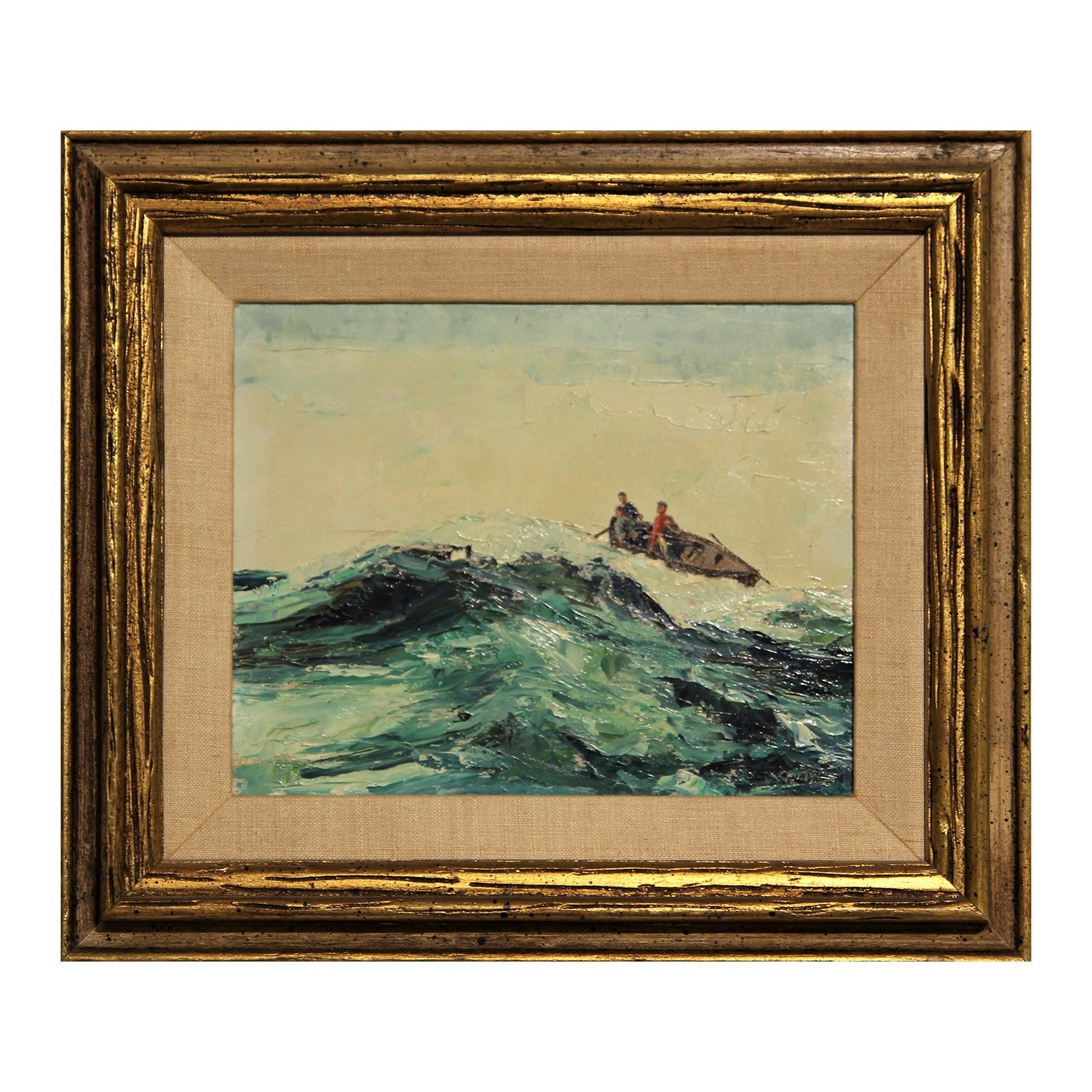 Landscape Painting Chester Dixon Snowden - Paysage marin impressionniste aux tons bleus avec peinture de paysage de pêcheurs