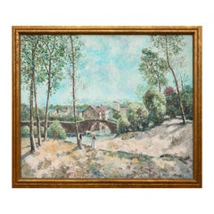 Paisaje Pastoral de Inspiración Impresionista en Tonos Pastel de un Puente y un Pueblo