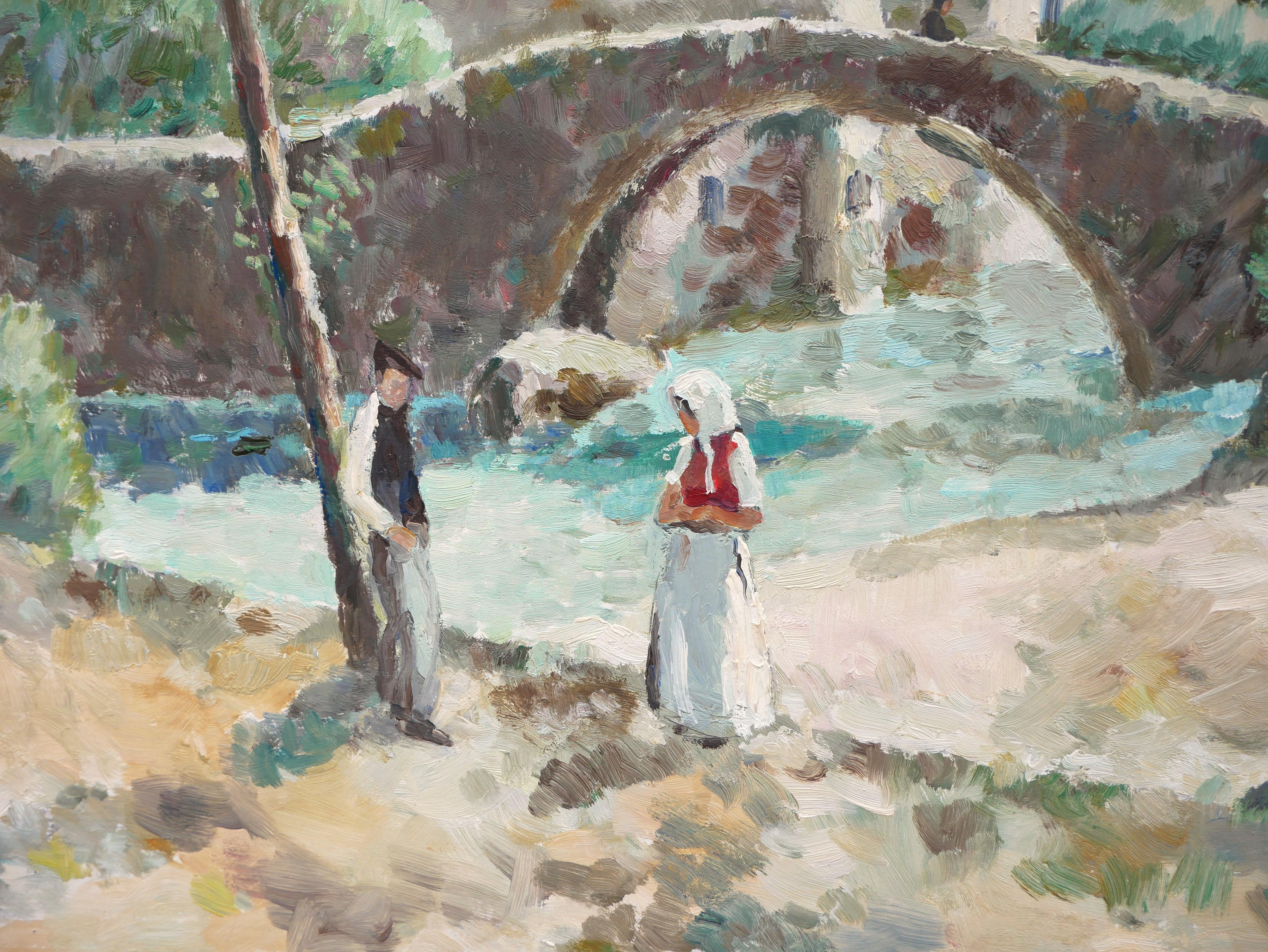Paysage pastoral d'inspiration impressionniste d'un pont et d'un village - Gris Landscape Painting par Chester Dixon Snowden