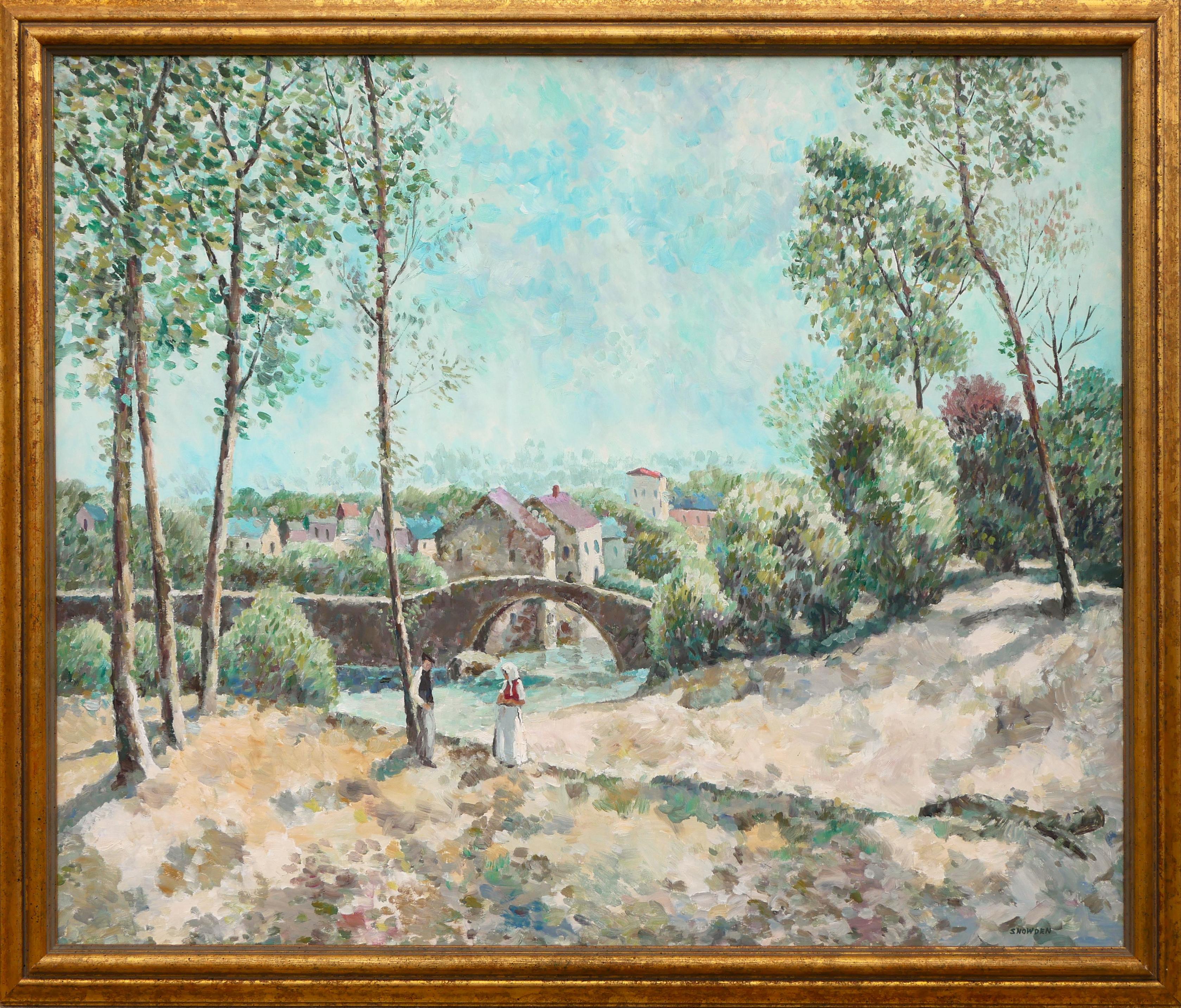 Landscape Painting Chester Dixon Snowden - Paysage pastoral d'inspiration impressionniste d'un pont et d'un village