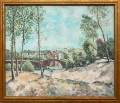 Paesaggio pastorale di ispirazione impressionista con ponte e villaggio in tonalità pastello