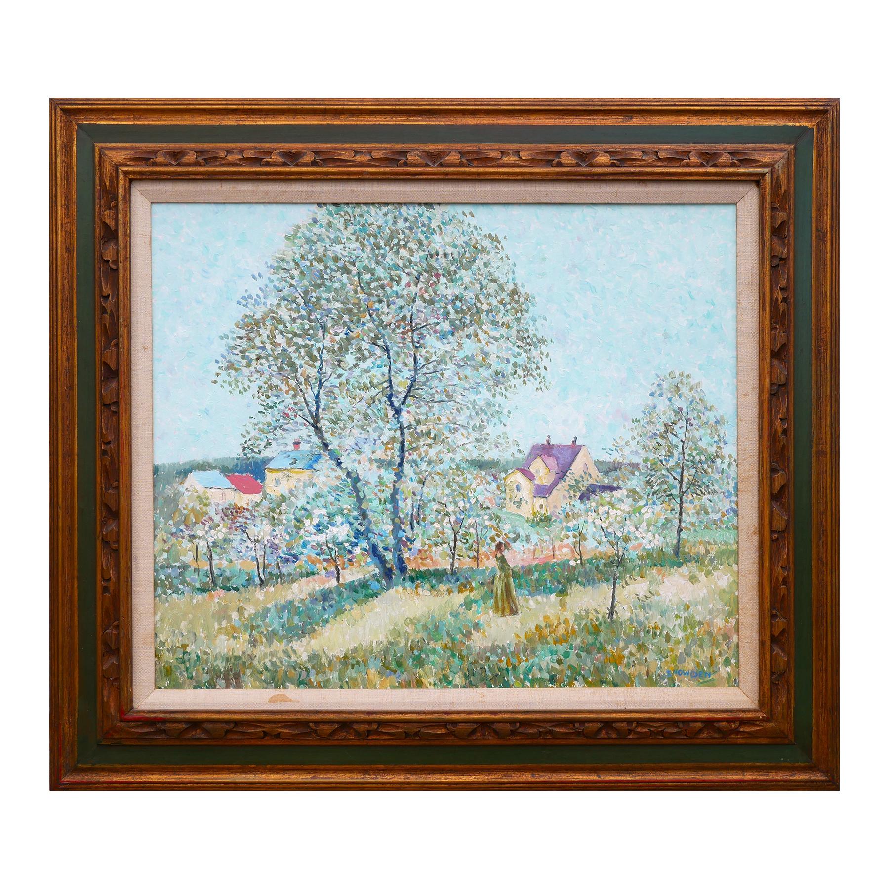 Paisaje Pastoral de Inspiración Impresionista en Tonos Pastel con Mujer de Verde - Painting de Chester Dixon Snowden