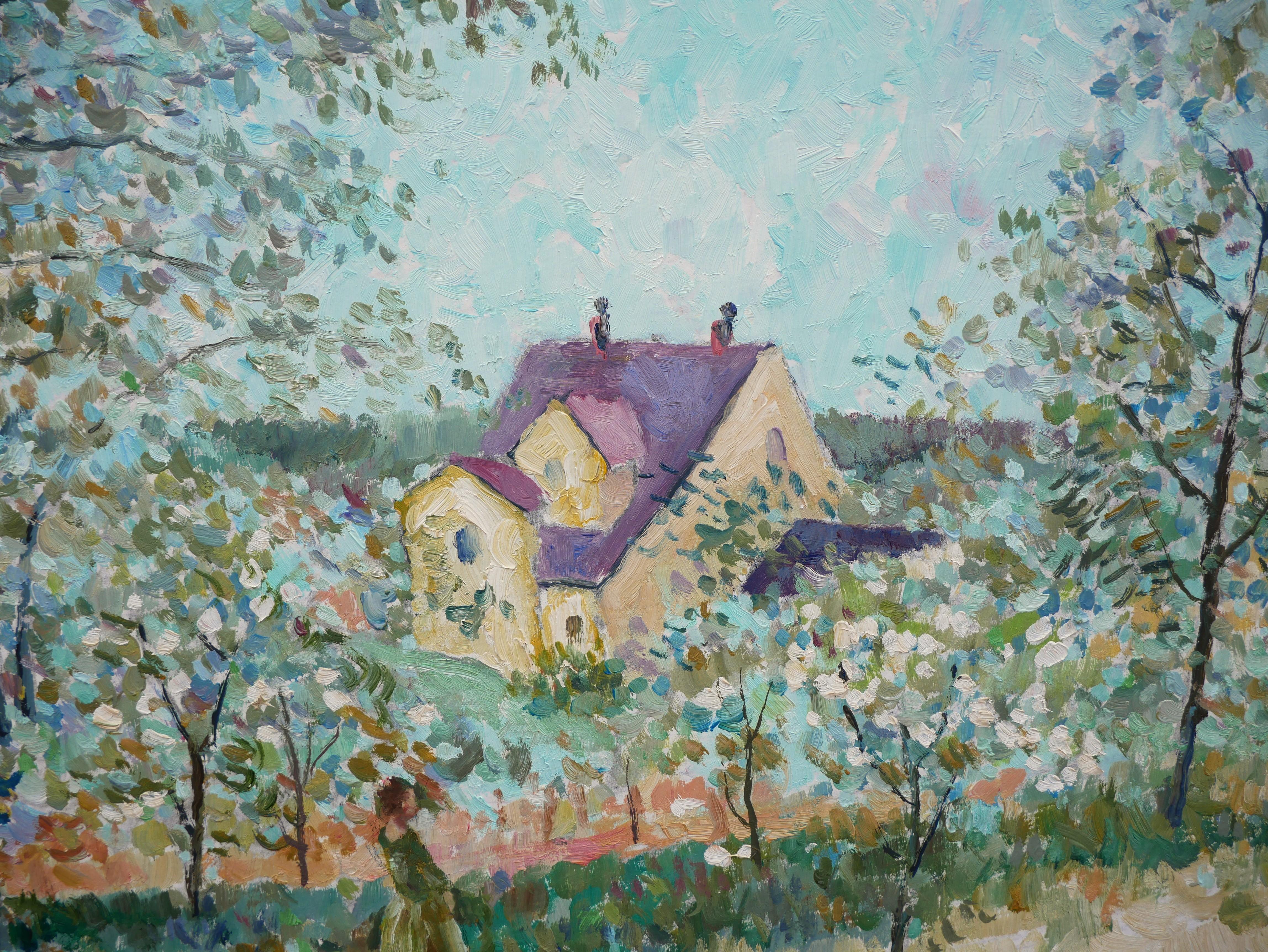 Paisaje Pastoral de Inspiración Impresionista en Tonos Pastel con Mujer de Verde - Landscape Painting Gris de Chester Dixon Snowden
